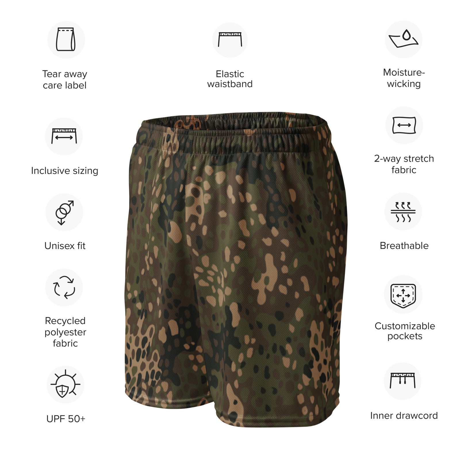 Erbsenmuster camo mesh shorts with recycled fabric, stretch, pockets, and UPF 50+