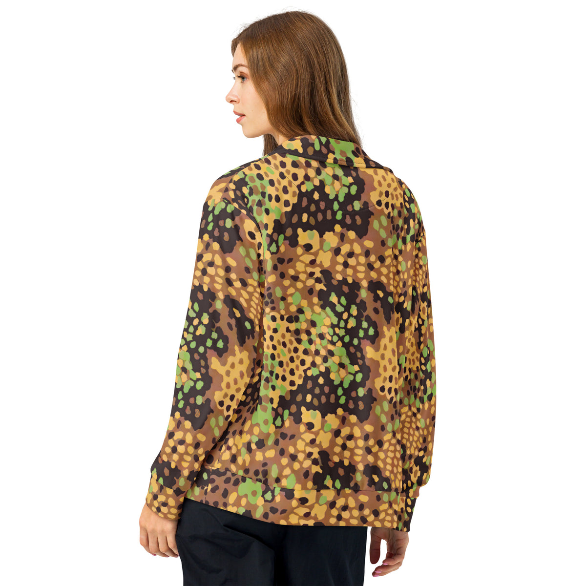 Woman wearing a patterned shirt on a white background