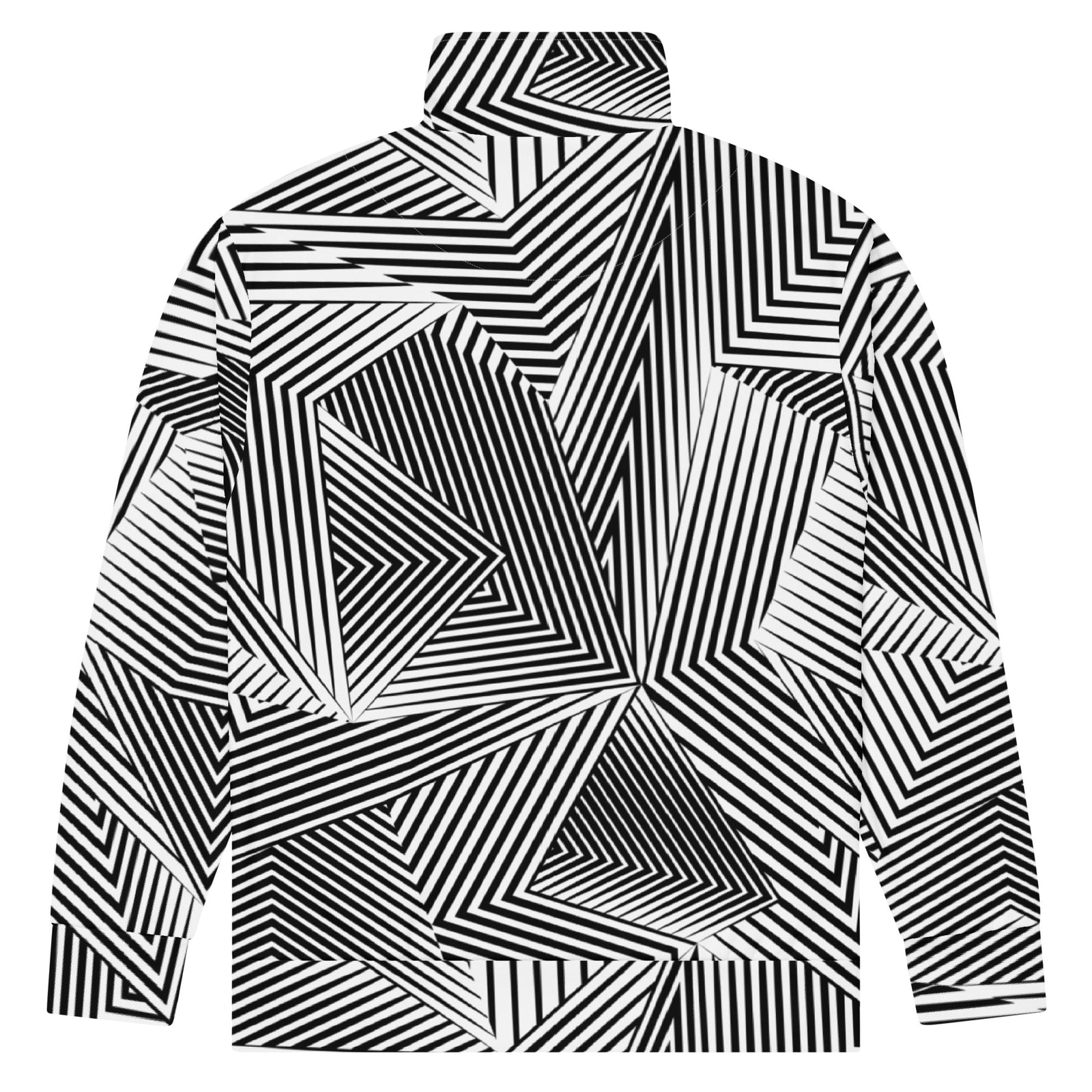 A long-sleeve collared jtrack acket featuring a bold dazzle black and white optical illusion geometric pattern of intersecting diagonal stripes.