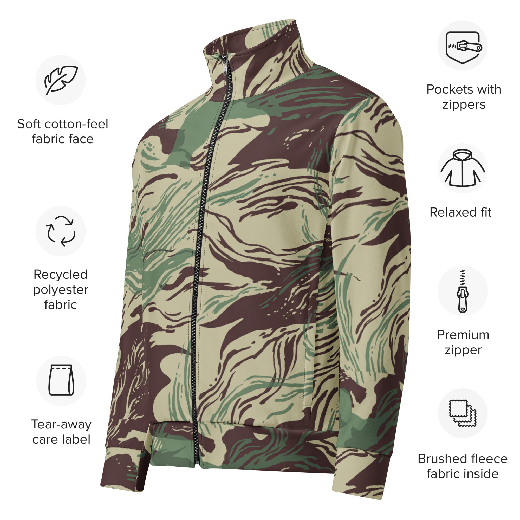 Rhodesian Brushstroke Camo Track Jacket size chart with measurements by Liberty Maniacs
