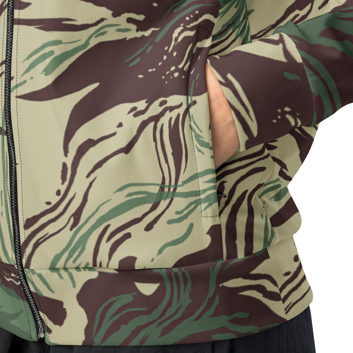 Model wearing Rhodesian Brushstroke Camo Track Jacket, straight-on view