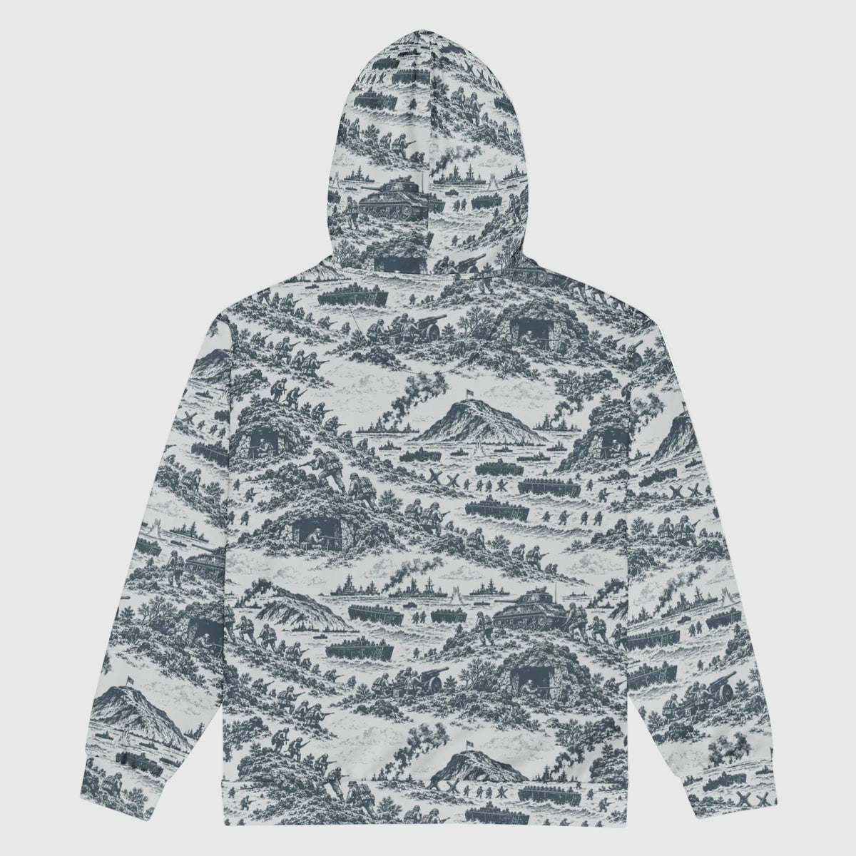 Iwo Jima Historic Pattern Zip Hoodie back view with all-over Battle of Iwo Jima toile-style print
