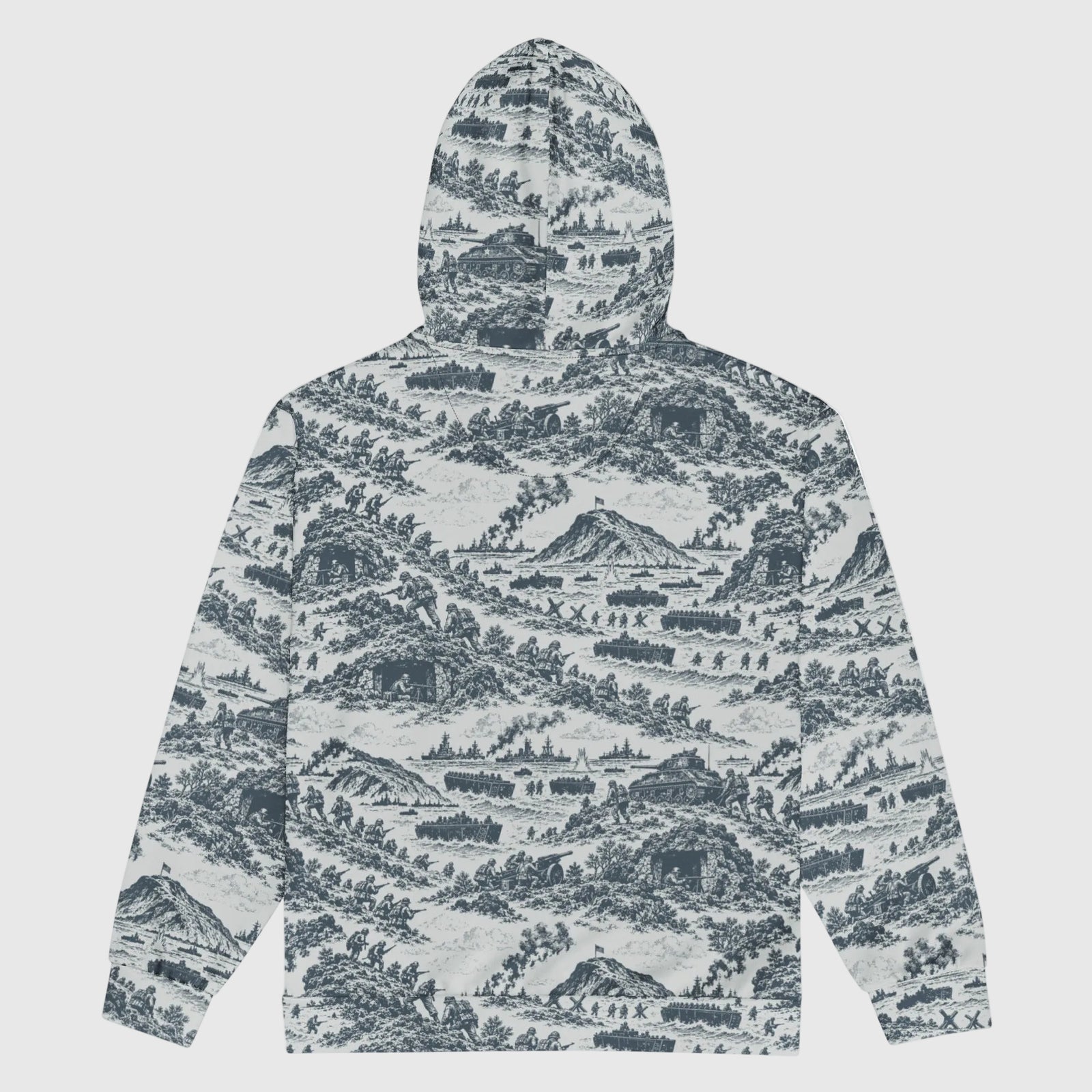 Iwo Jima Historic Pattern Zip Hoodie back view with all-over Battle of Iwo Jima toile-style print