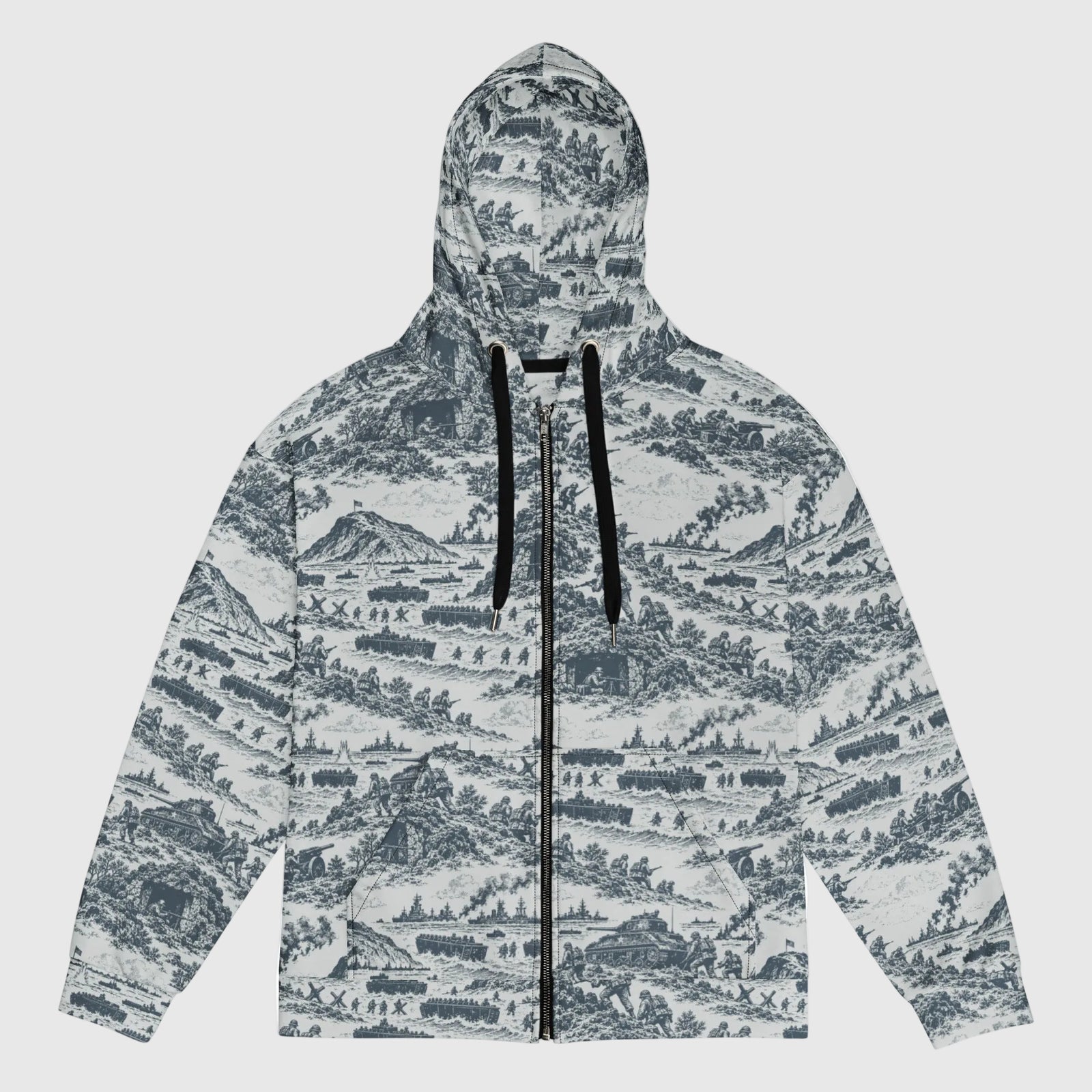 Iwo Jima Historic Pattern Zip Hoodie front view with repeating WWII toile-style artwork