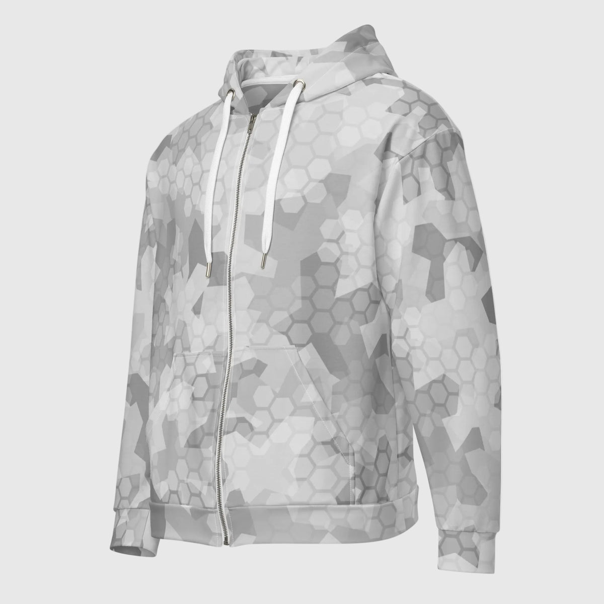 Arctic Shatter winter camouflage zip hoodie, angled front view