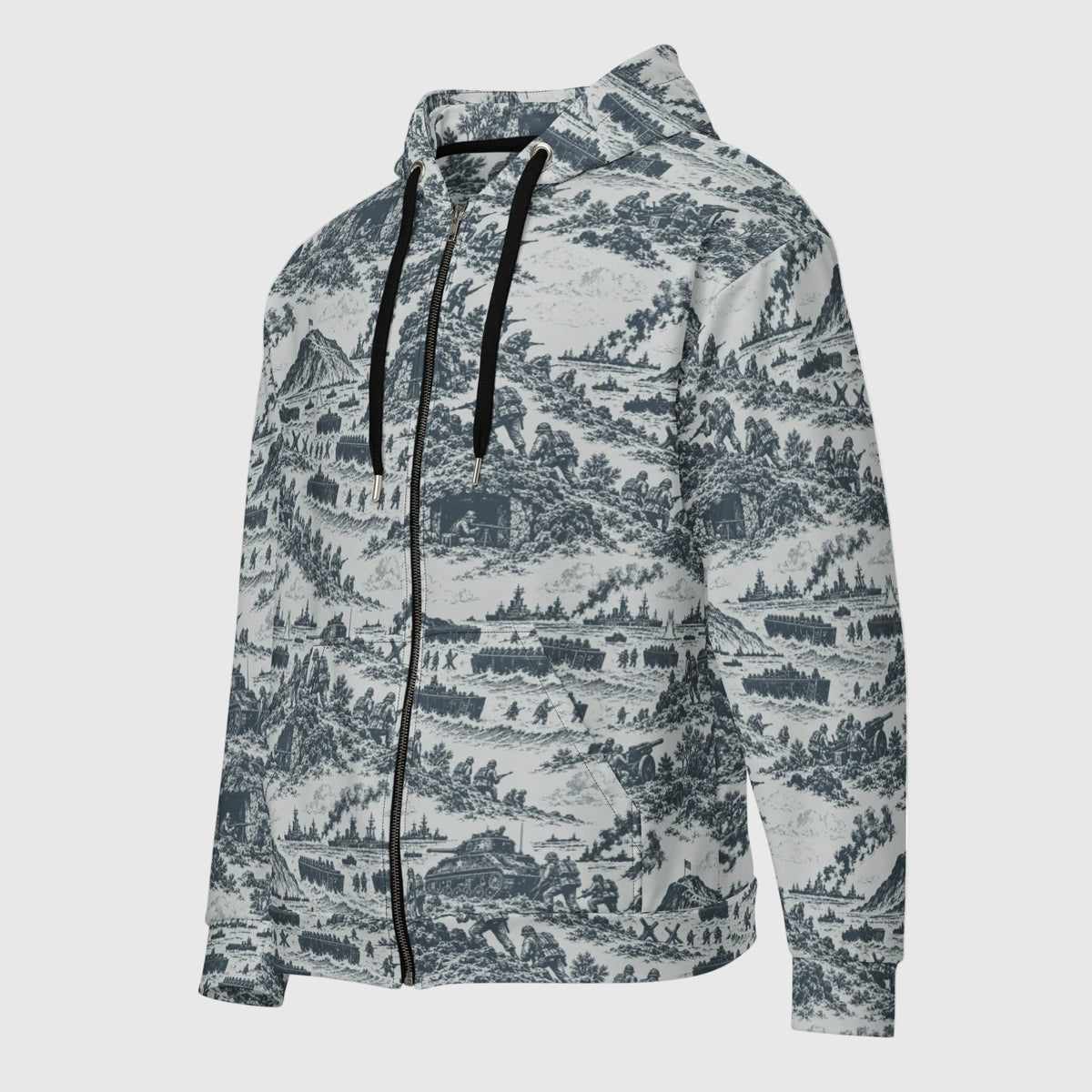 Iwo Jima Historic Pattern Zip Hoodie left front view showing the all-over historical pattern