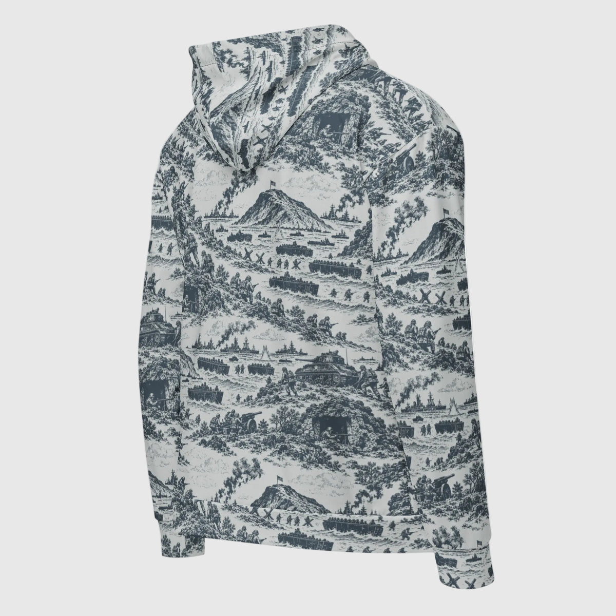 Iwo Jima Historic Pattern Zip Hoodie right back view with repeating Pacific War toile artwork