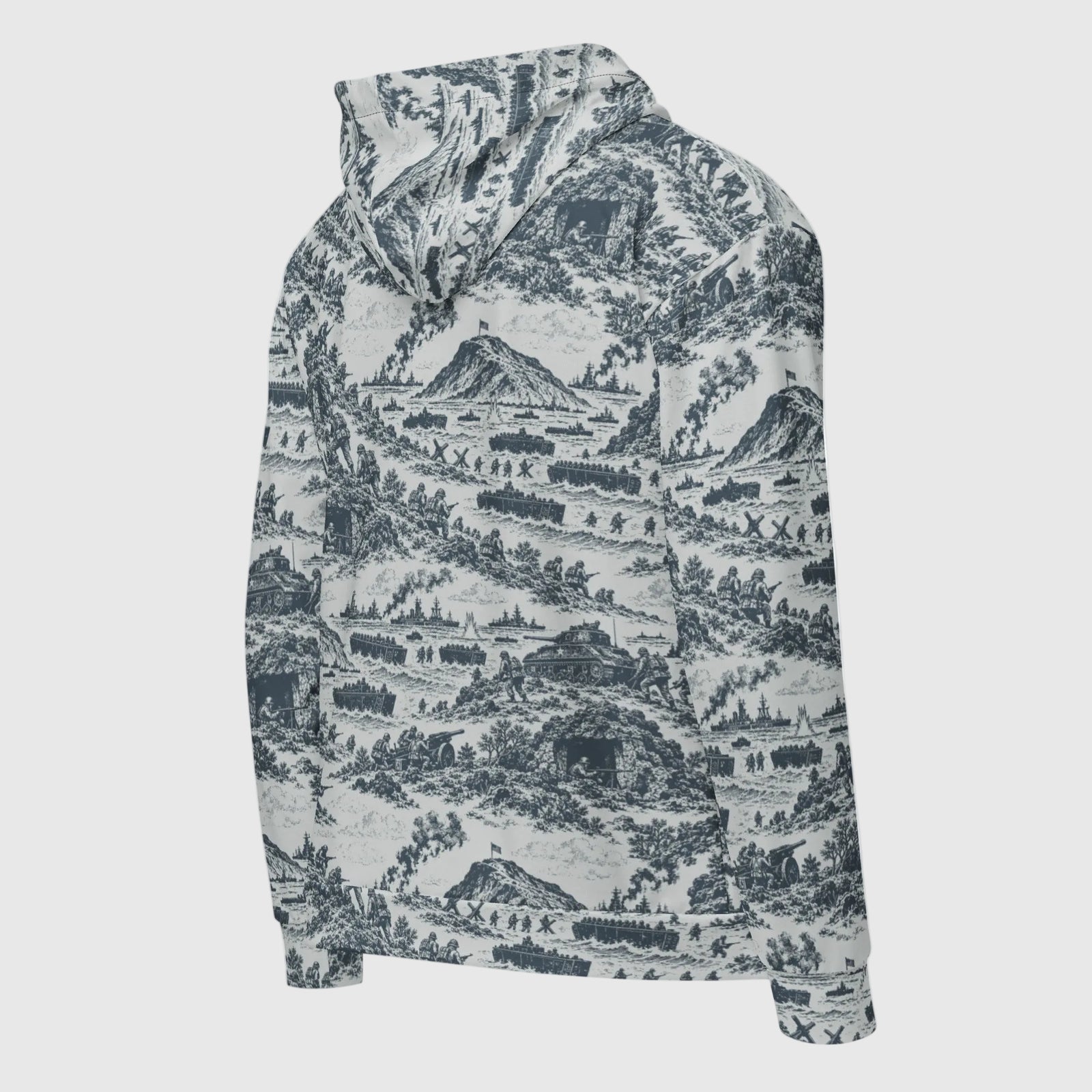Iwo Jima Historic Pattern Zip Hoodie right back view with repeating Pacific War toile artwork