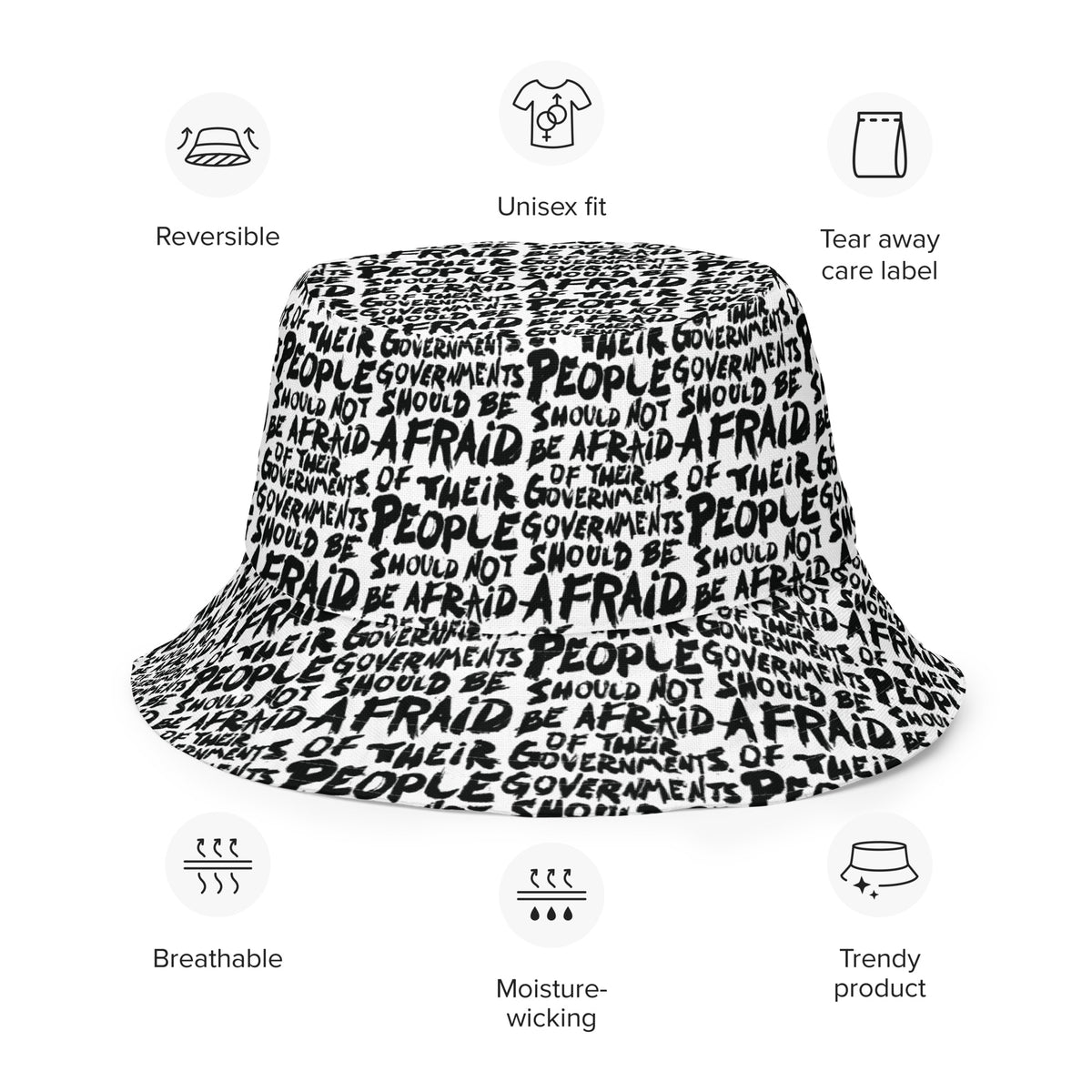 People Should Not Be Afraid of Their Governments Jefferson Quote Reversible Bucket Hat