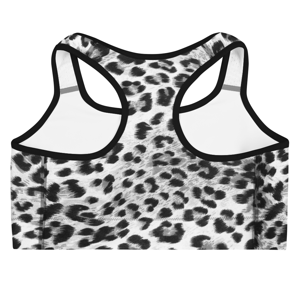 Leopard print sports bra with white mesh panels on a white background
