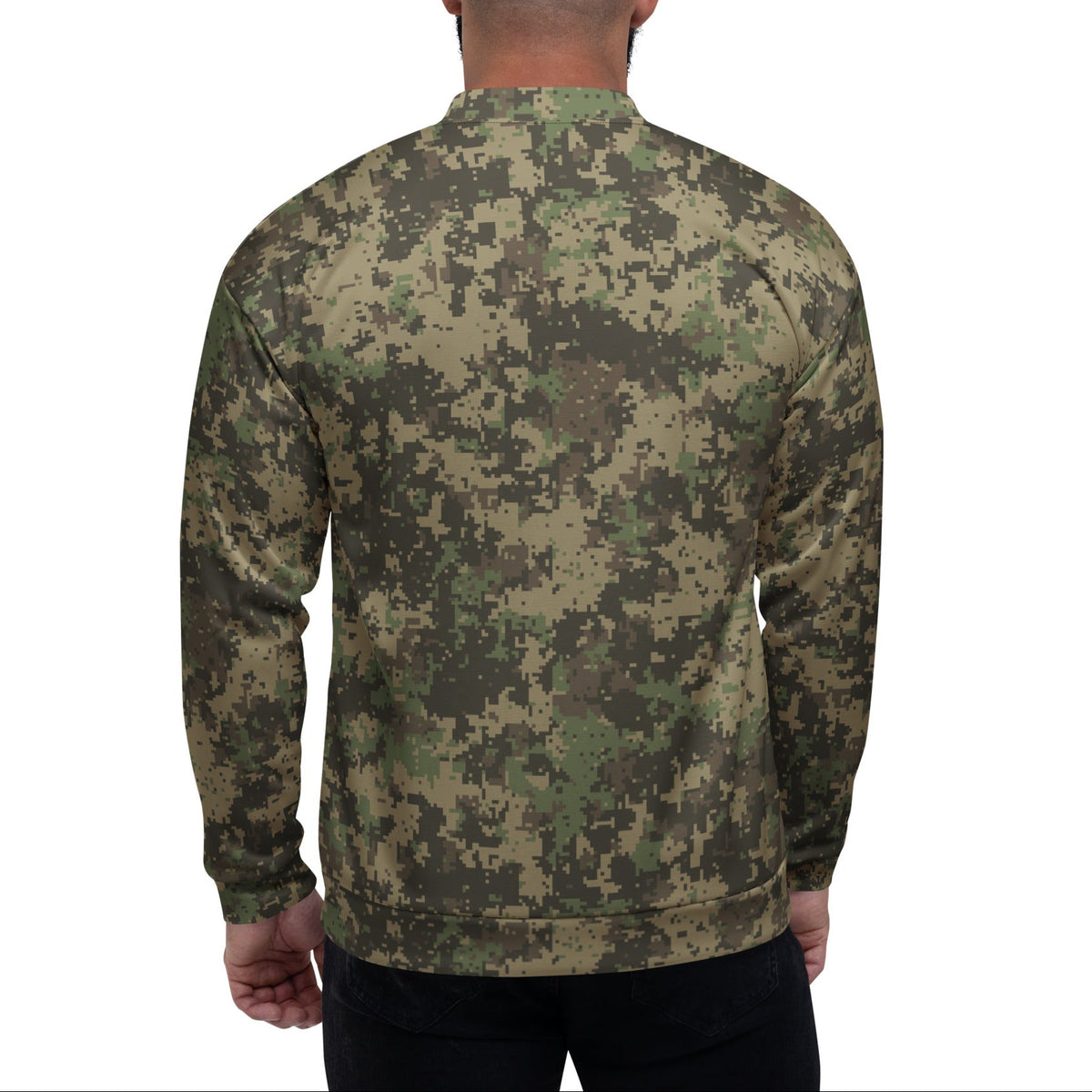 A man viewed from the back wearing a long-sleeve crewneck sweatshirt with a digital camouflage pattern in shades of green, brown, and tan, set against a plain white background.