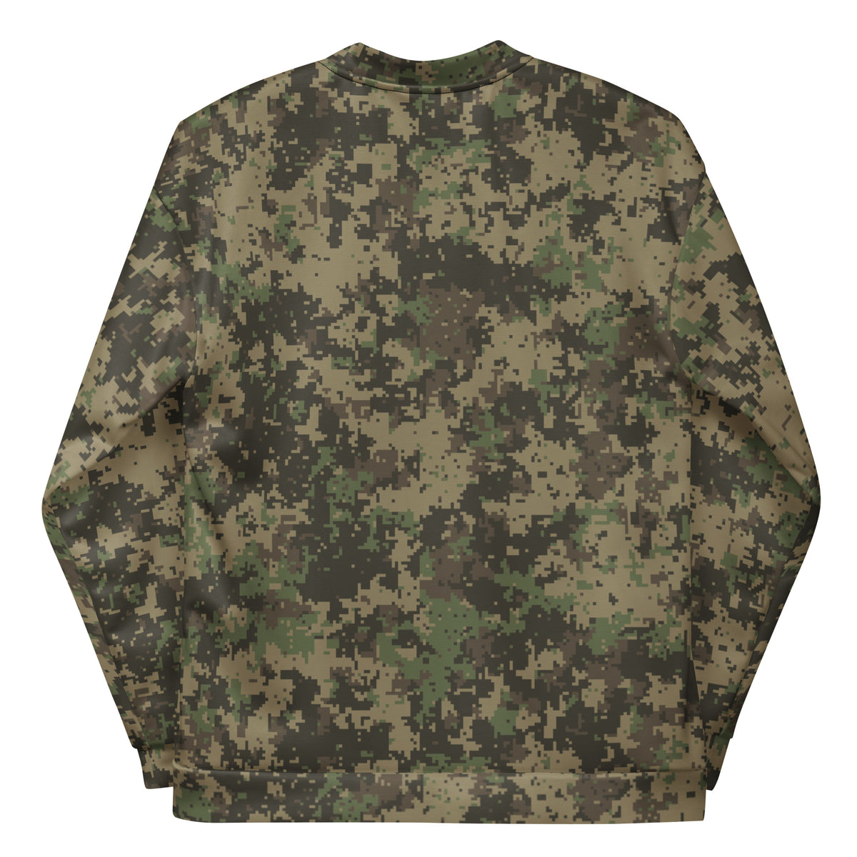 A long-sleeve crewneck sweatshirt featuring a digital camouflage pattern in shades of green, brown, and beige, shown against a plain white background.