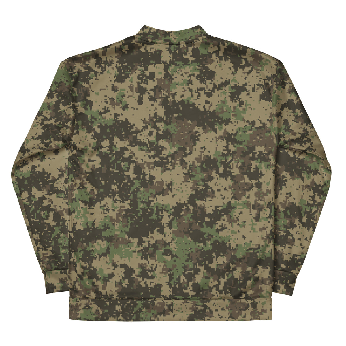 A long-sleeve crewneck jacket shown from the back, featuring a digital camouflage pattern in shades of green, brown, and beige, set against a plain white background.