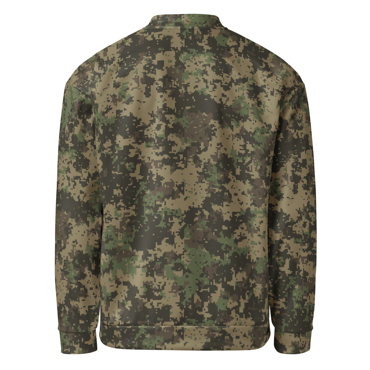 A long-sleeve crewneck sweatshirt shown from the back, featuring a digital camouflage pattern in shades of green, brown, and tan on a plain white background.
