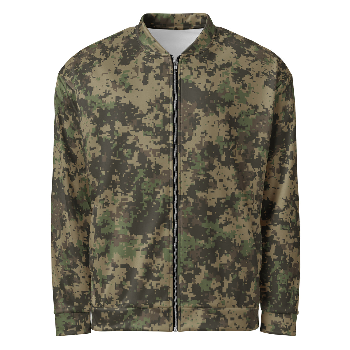 Digital Camo Bomber Jacket back mockup, all-over digital camo print