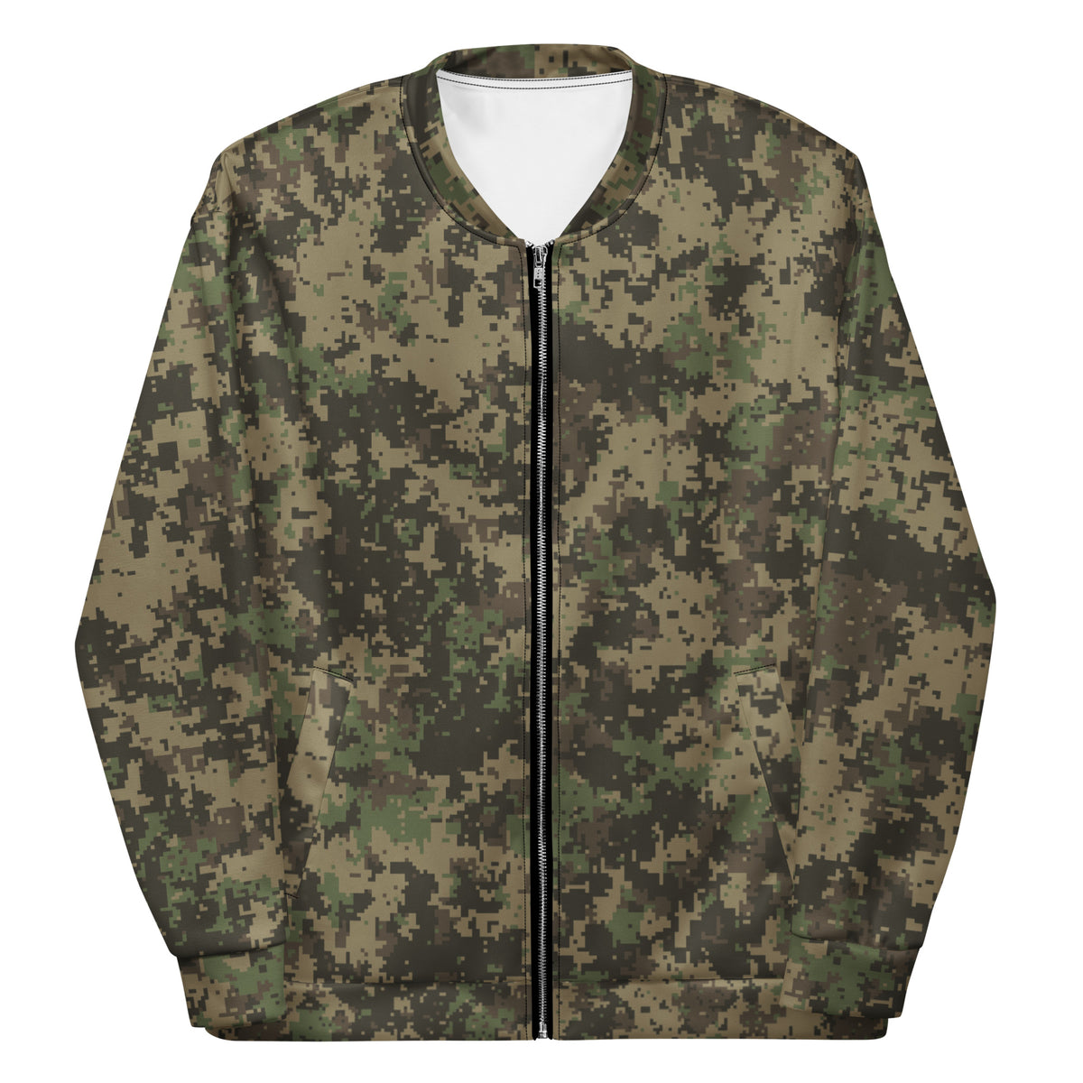 A digital camouflage bomber jacket with a full-length front zipper, ribbed collar, cuffs, and hem, shown on a plain white background.
