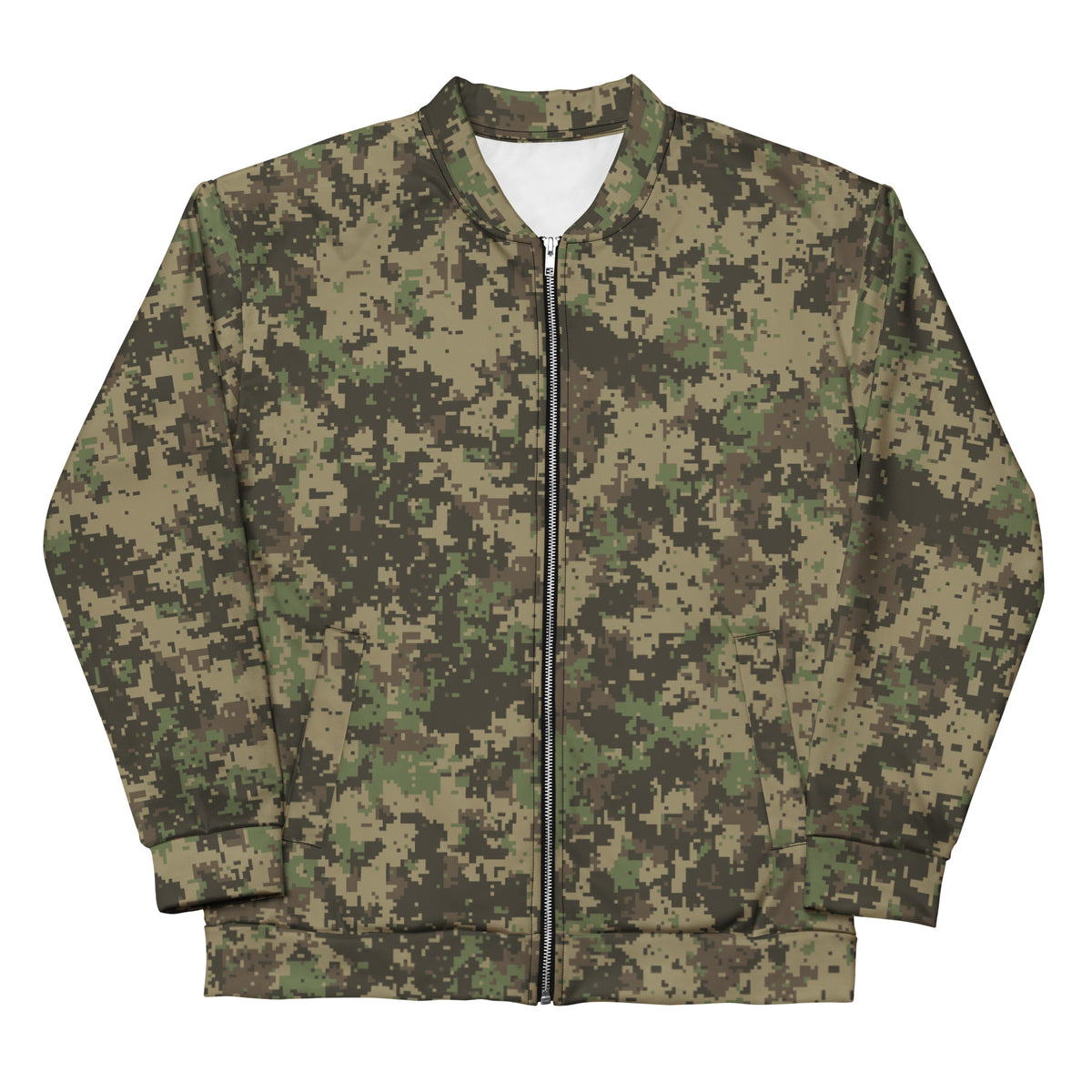 A digital camouflage bomber jacket with a front zipper, ribbed collar, cuffs, and hem, shown flat against a white background.