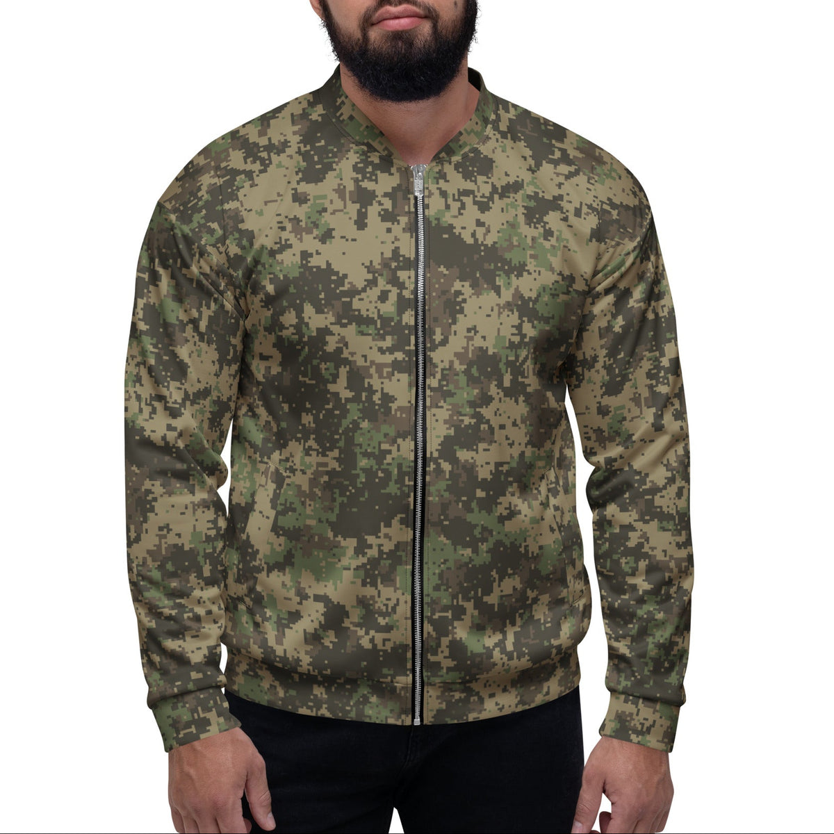 A man wearing a digital camouflage bomber jacket with a full-zip front, photographed against a solid white background.