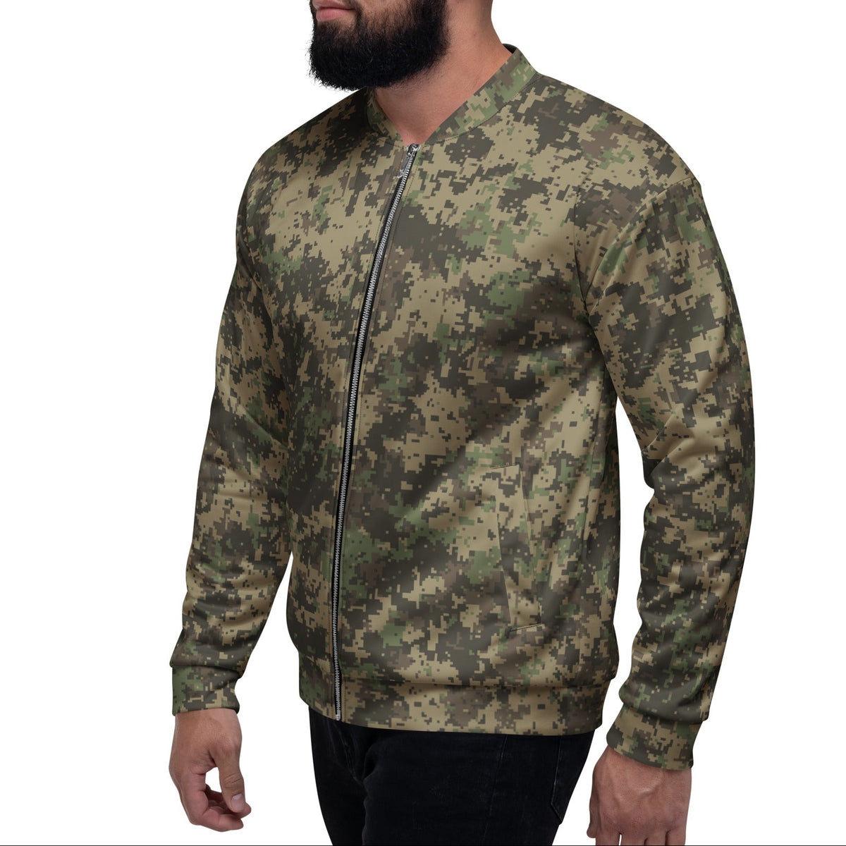 A man wearing a digital camouflage zip-up jacket, shown from the waist up against a plain white background.