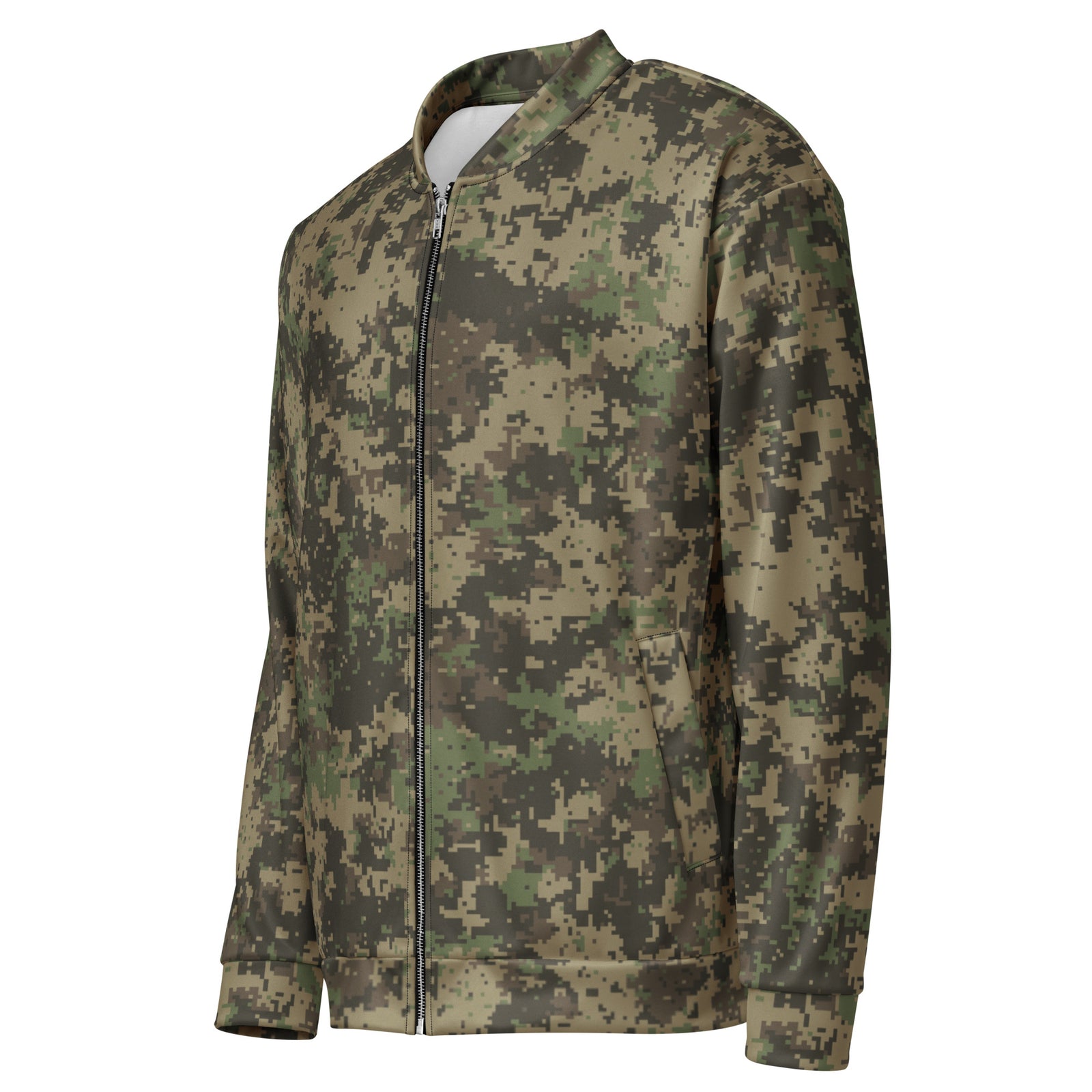 A men's zip-up jacket featuring a digital camouflage pattern in shades of green, brown, and beige, displayed on a clean white background.