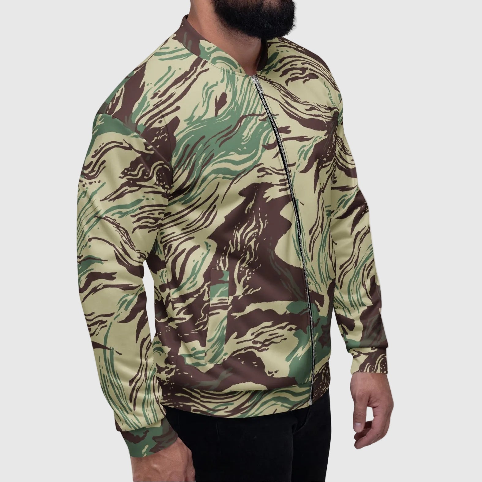 Man wearing a camouflage-patterned shirt on a white background