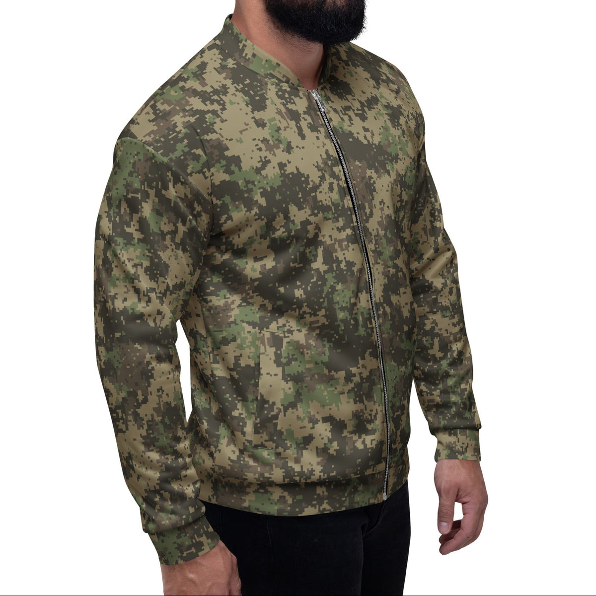 A man wearing a camouflage bomber jacket, shown in profile against a plain white background.
