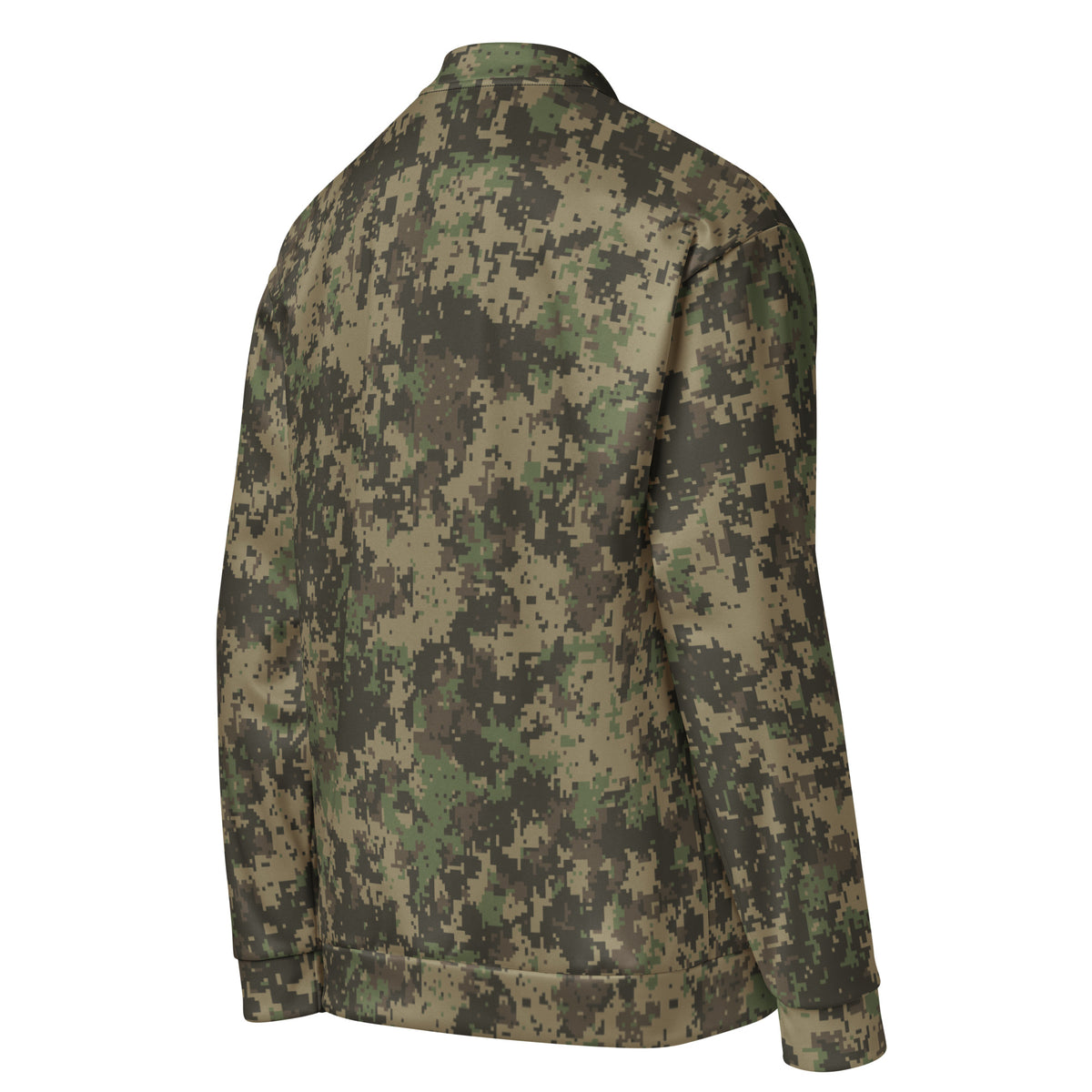 A long-sleeve camouflage jacket shown from the back, featuring a digital camo pattern in shades of green, brown, and beige, set against a plain white background.