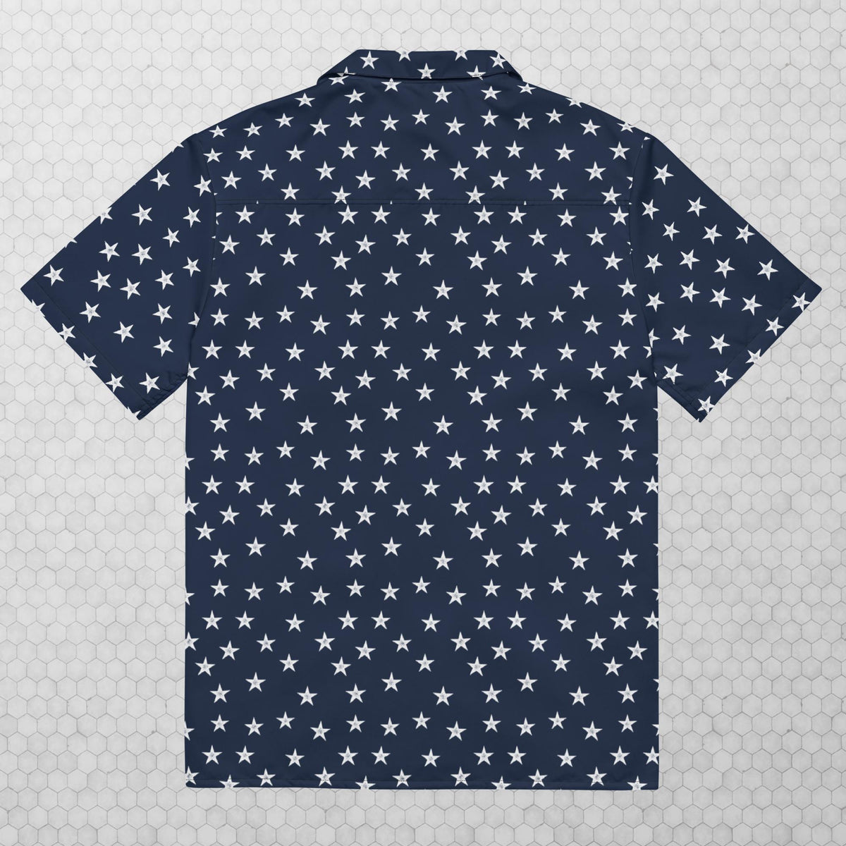 Navy blue colonial stars shirt by Liberty Maniacs laying flat showing the back. 