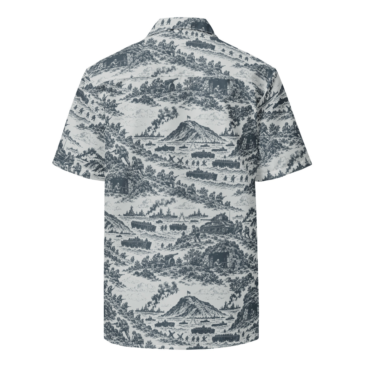 Back of the Iwo Jima relaxed-fit shirt showing the continuous historical pattern
