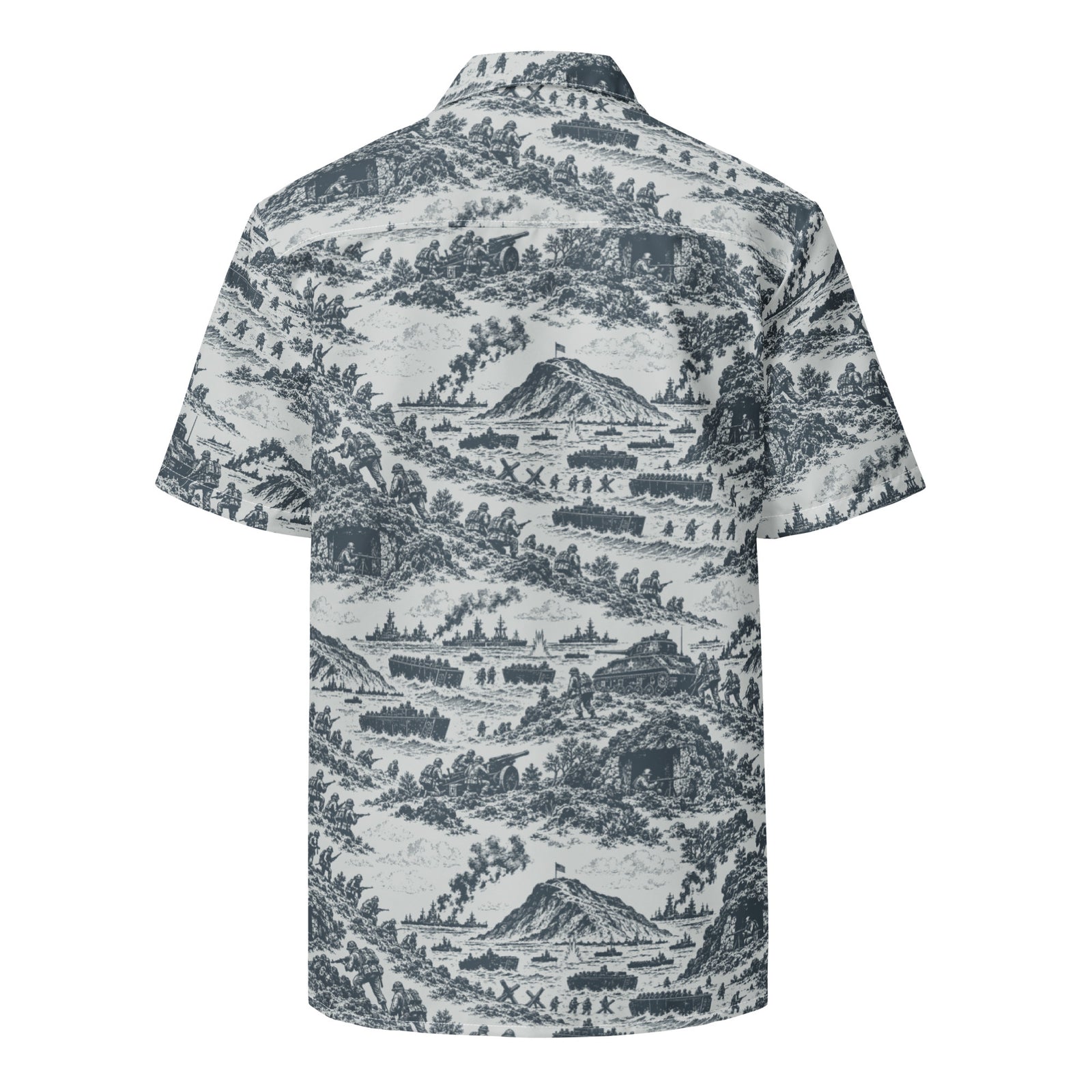 Back of the Iwo Jima relaxed-fit shirt showing the continuous historical pattern