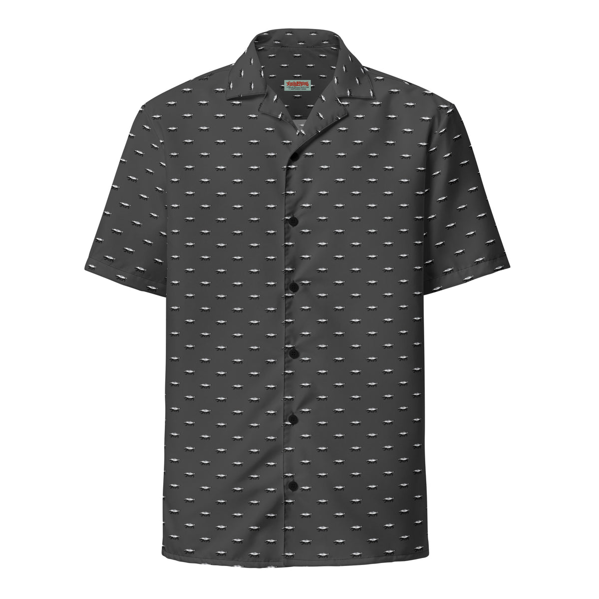 A short-sleeved button-up shirt featuring a all-over honey badger print on a gray background.