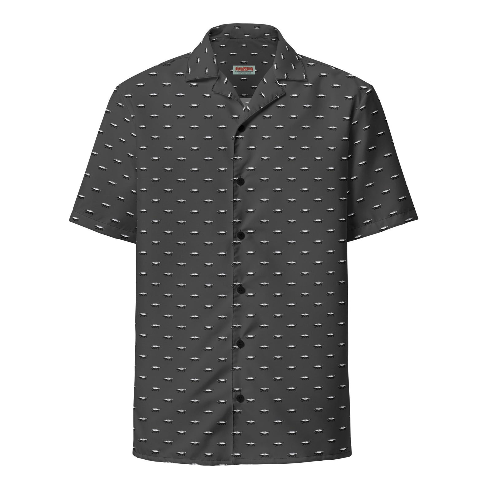 A short-sleeved button-up shirt featuring a all-over honey badger print on a gray background.