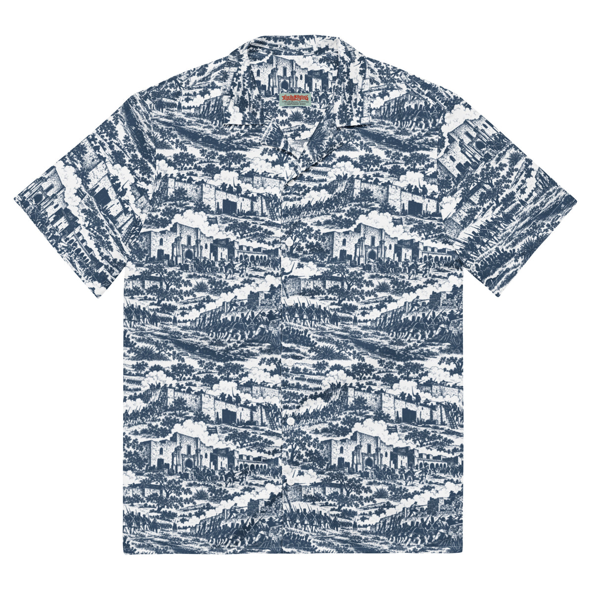 The Alamo ’36 Toile button-up shirt with black-and-white siege artwork, front view