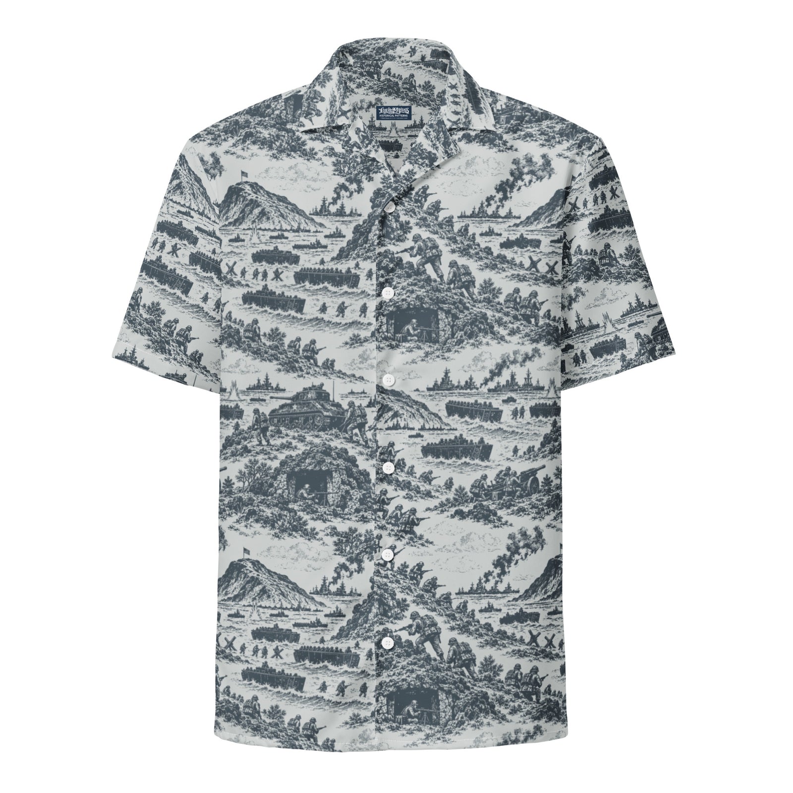 Iwo Jima relaxed-fit button-up shirt with black-and-white Pacific War toile, front view