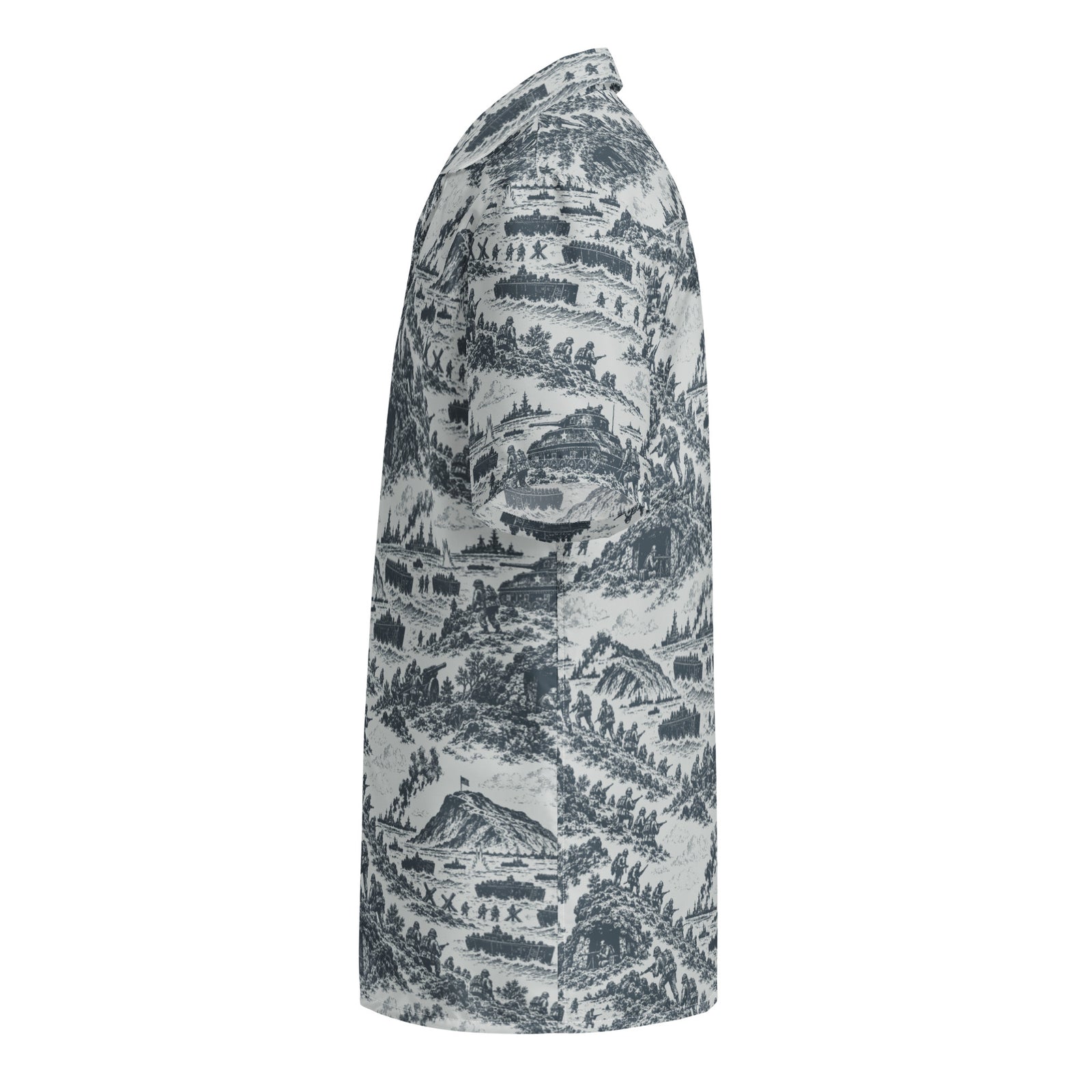 Side view of the Iwo Jima historical pattern button-up shirt