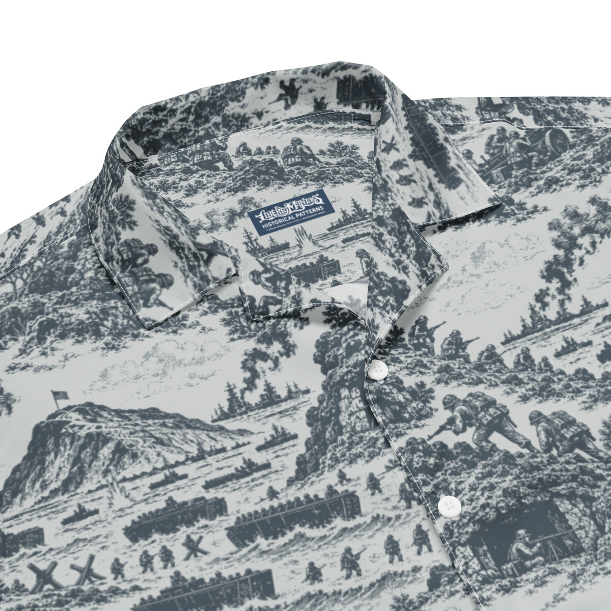 Detail of the Iwo Jima print, camp collar, buttons, and recycled polyester fabric