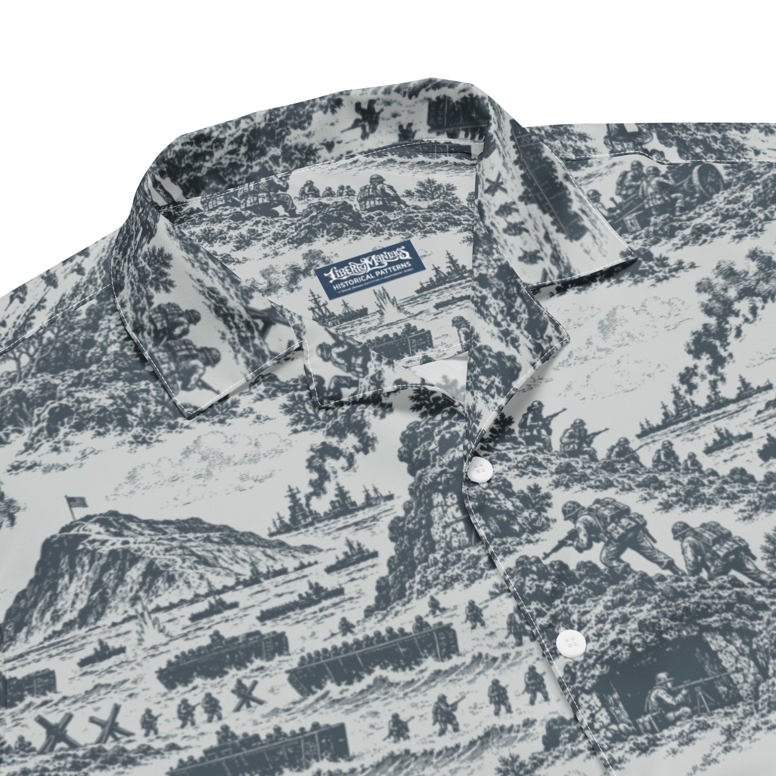 Detail of the Iwo Jima print, camp collar, buttons, and recycled polyester fabric