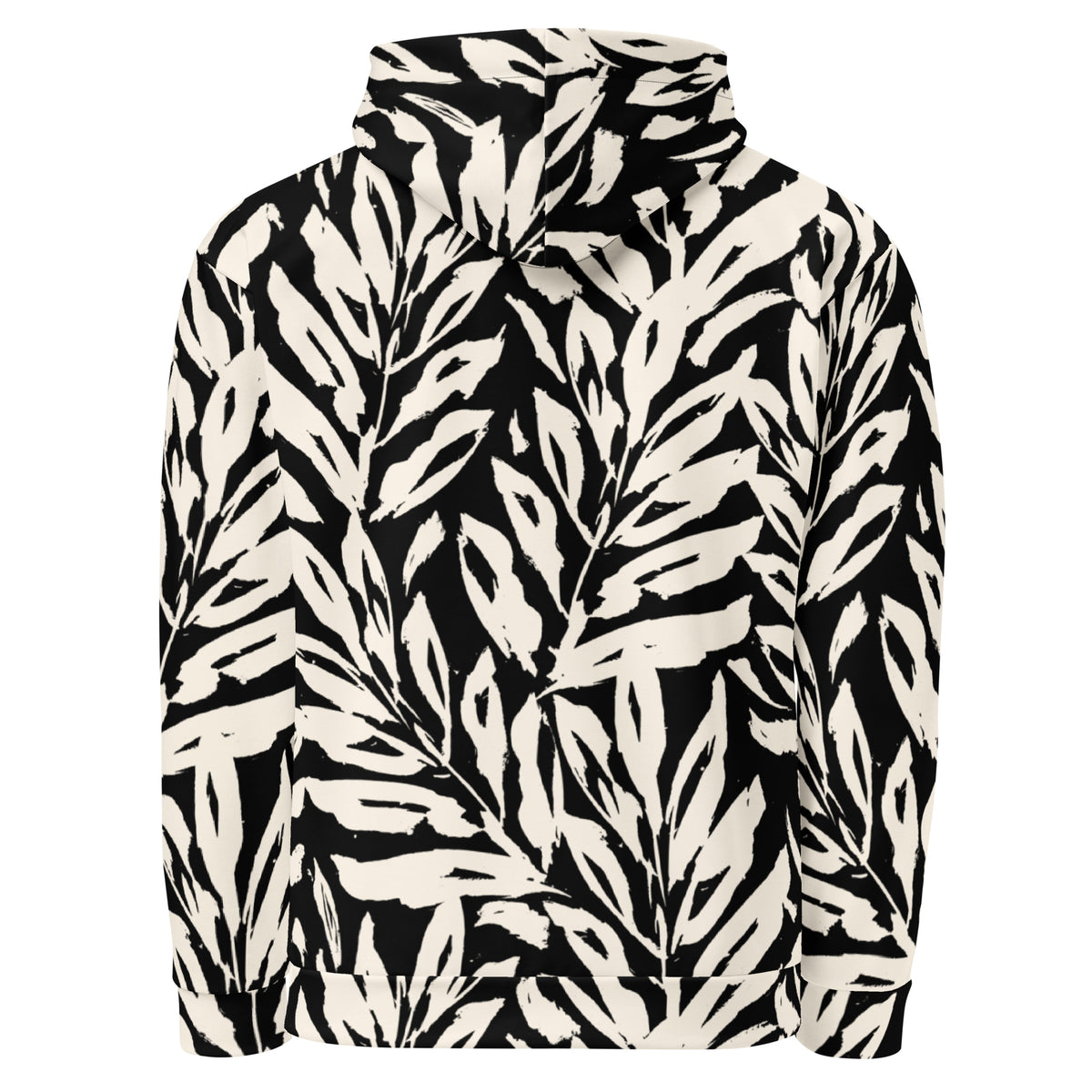 Hoodie with black and white leaf pattern on a white background