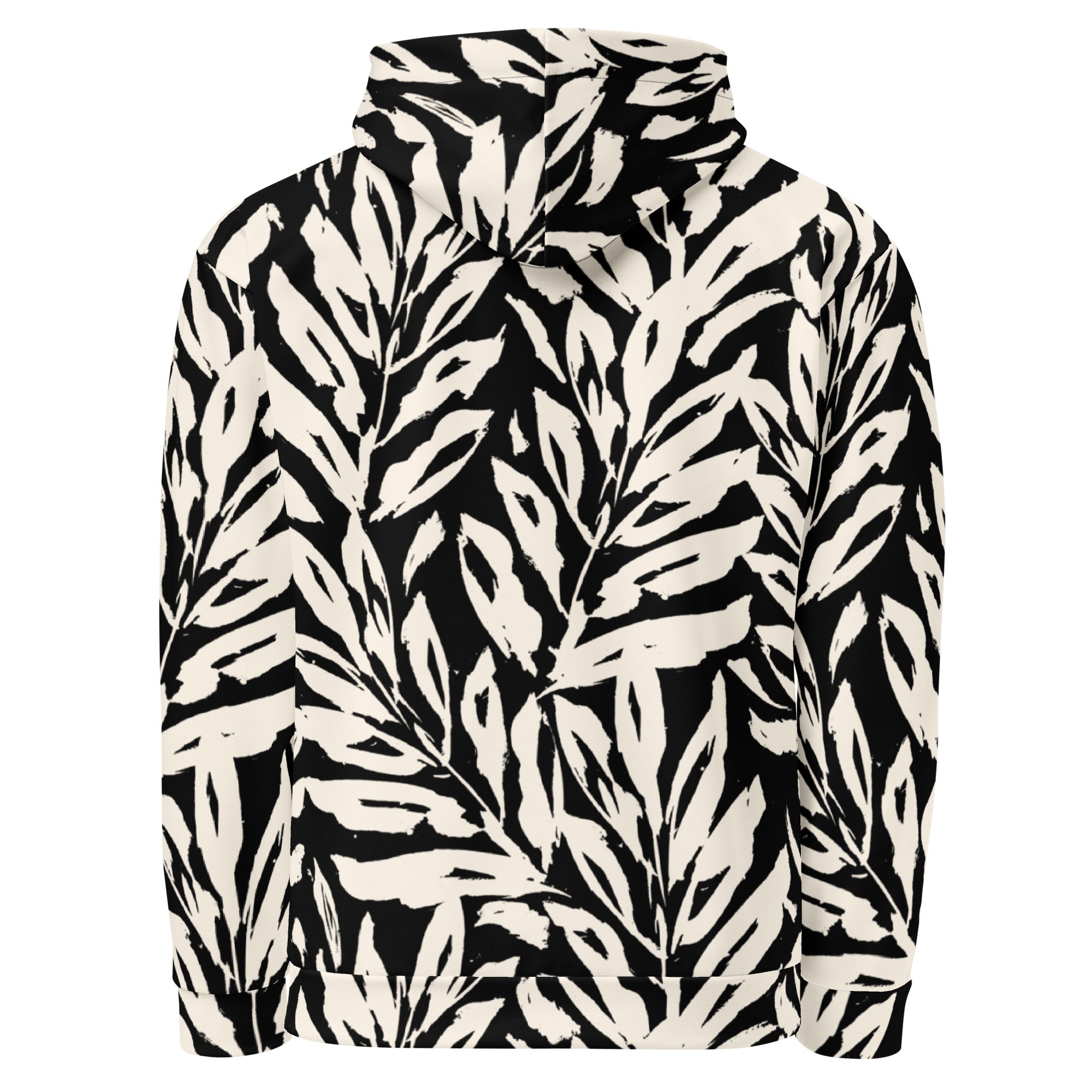 Hoodie with black and white leaf pattern on a white background