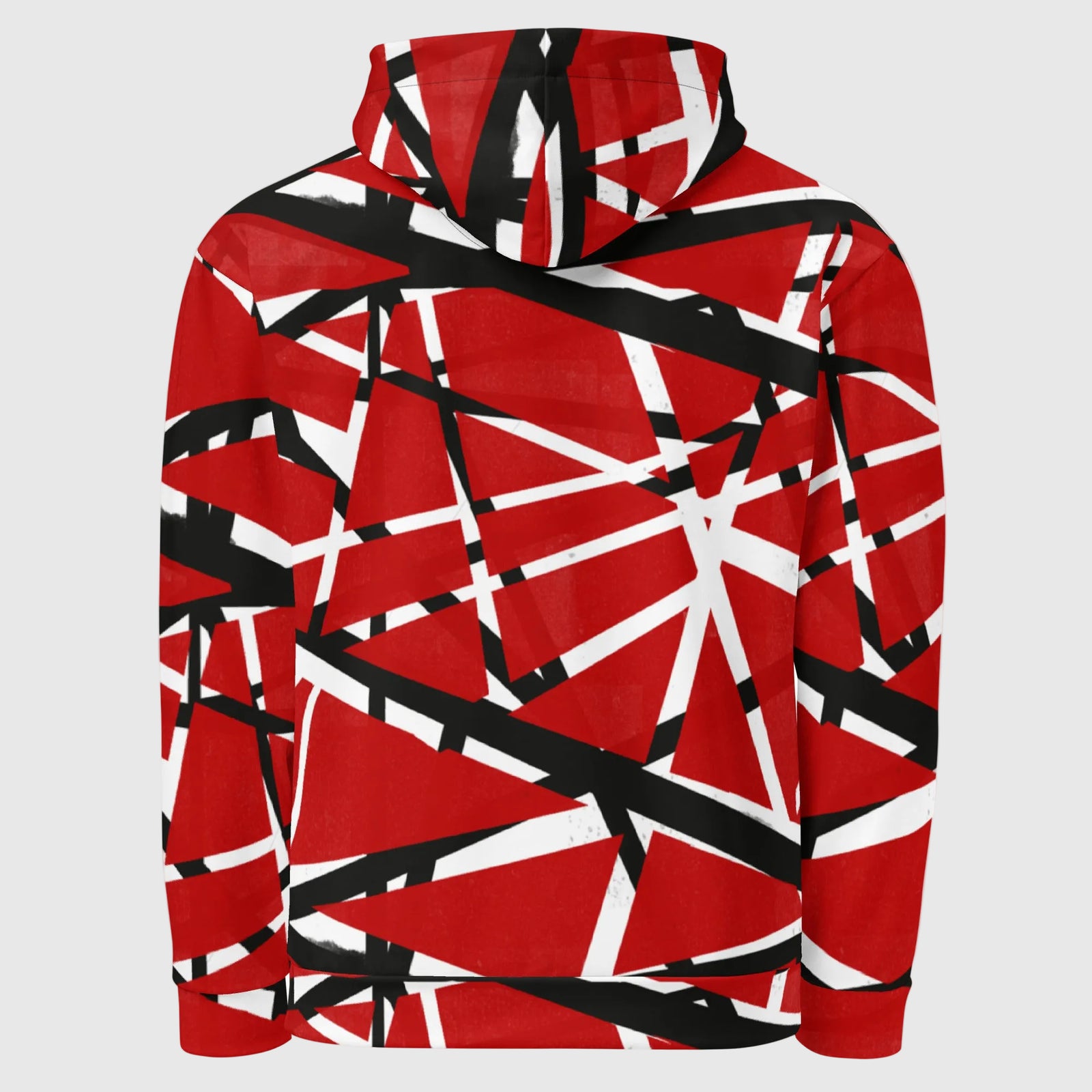 Red hoodie with black and white geometric pattern on a white background called the Frankenstripes Cotton Hoodie by Liberty Maniacs.