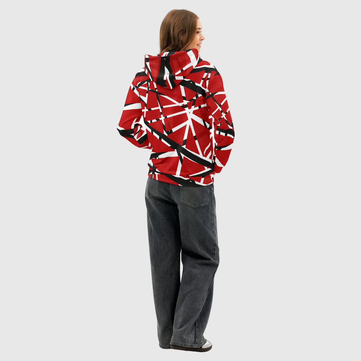 Woman wearing a red and white patterned Frankenstripes Cotton Hoodie on a white background