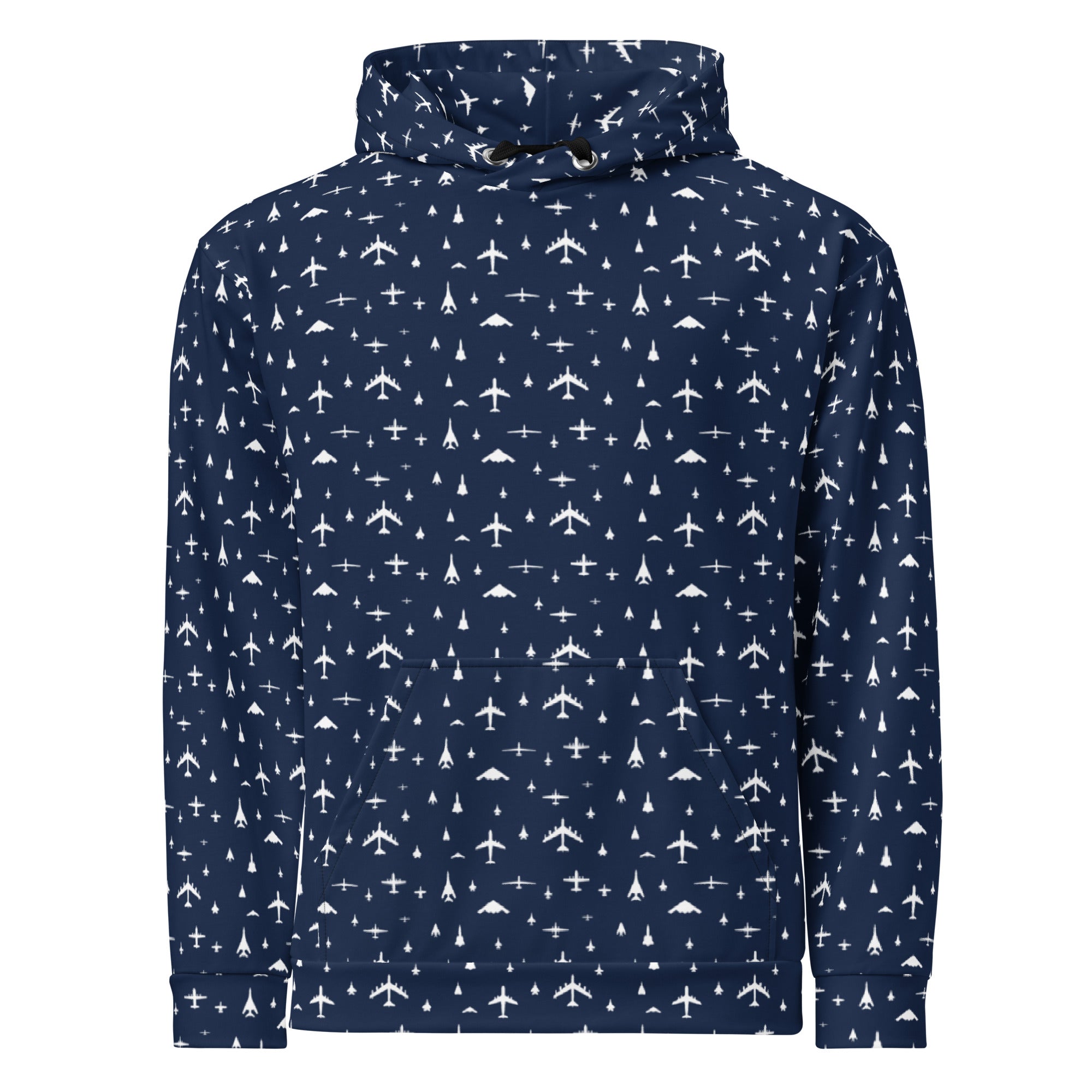 All-over US military aircraft silhouette pattern featuring A-10, F-4, F-14, F-15, F-16, F-18, F-22, F-35, B-1, B-2, B-52, C-130, C-5, SR-71, U-2, MQ-1, RQ-4, and RQ-170 on navy blue hoodie.