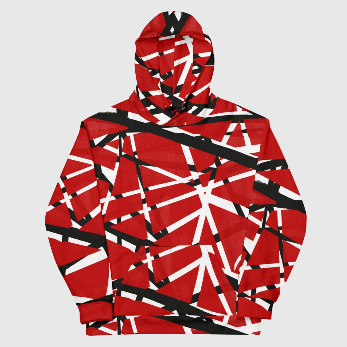 Red, black, and white geometric patterned Frankenstripes Cotton Hoodie on a white background