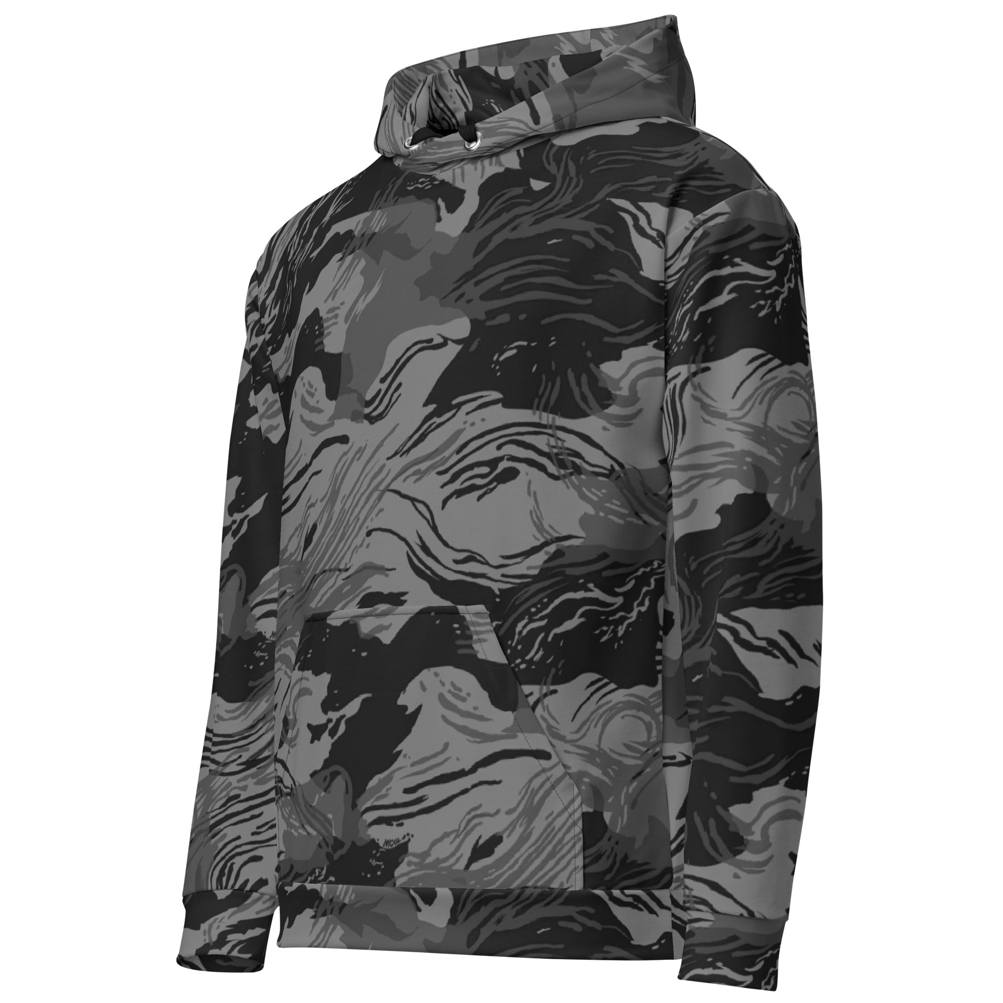 Person wearing a camouflage hoodie on a gray background