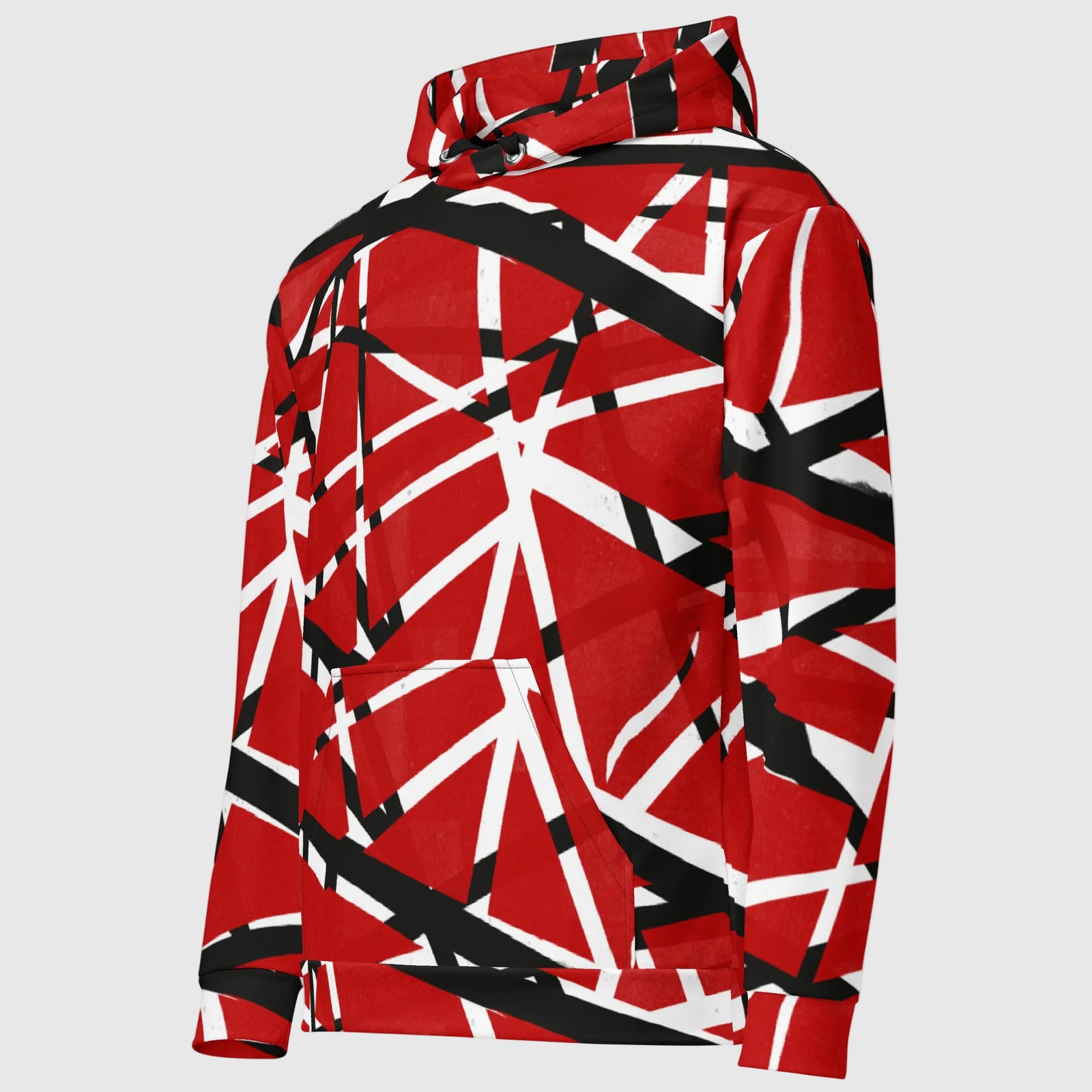 Red, black, and white geometric patterned Frankenstripes Cotton Hoodie on a white background