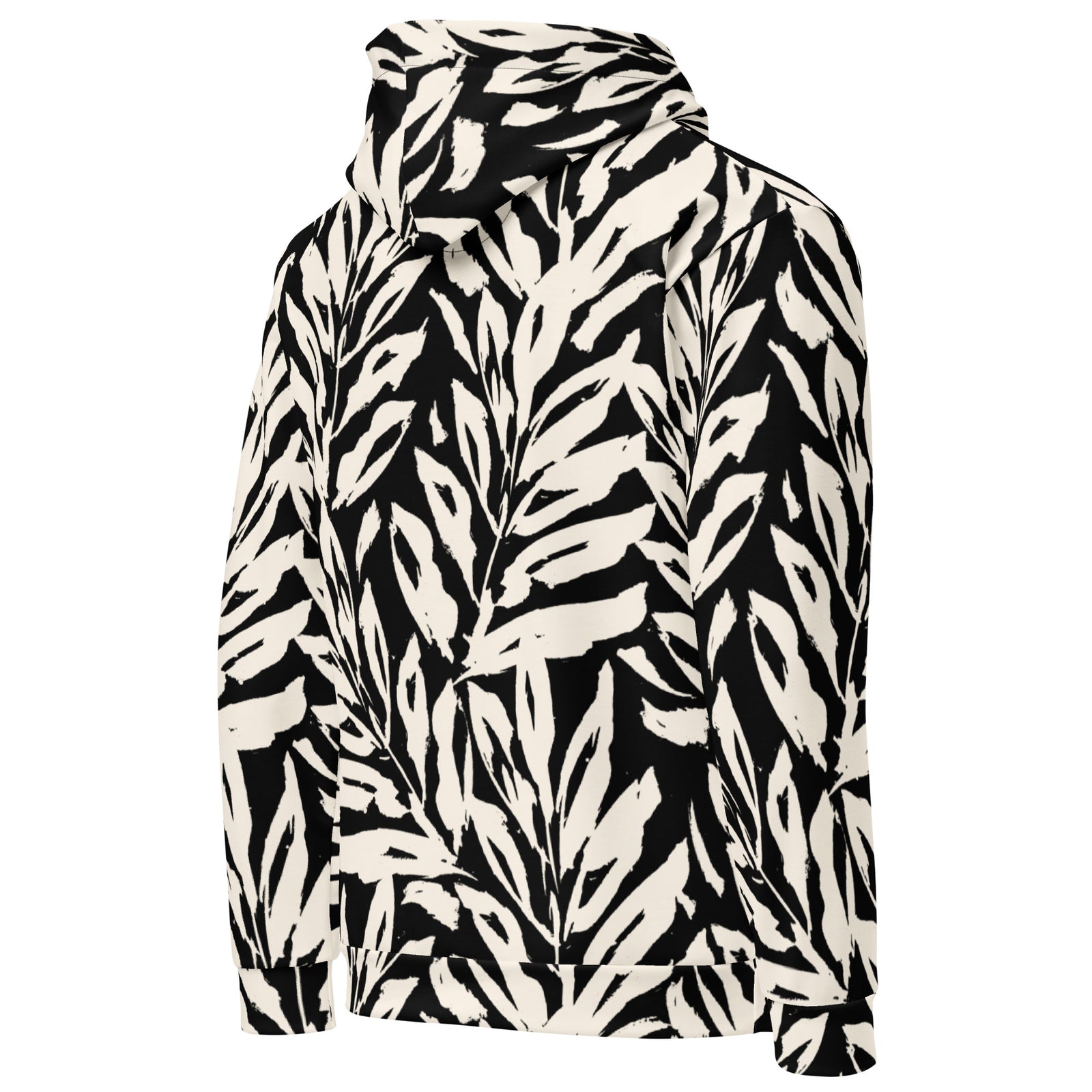 Black and white leaf patterned hoodie on a white background