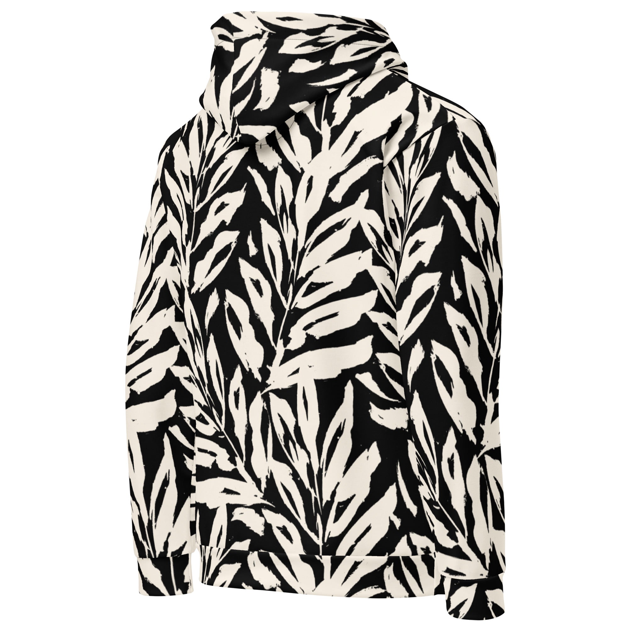 Black and white leaf patterned hoodie on a white background