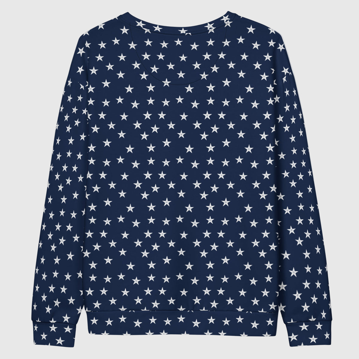 Navy blue sweatshirt with white star pattern on a white background