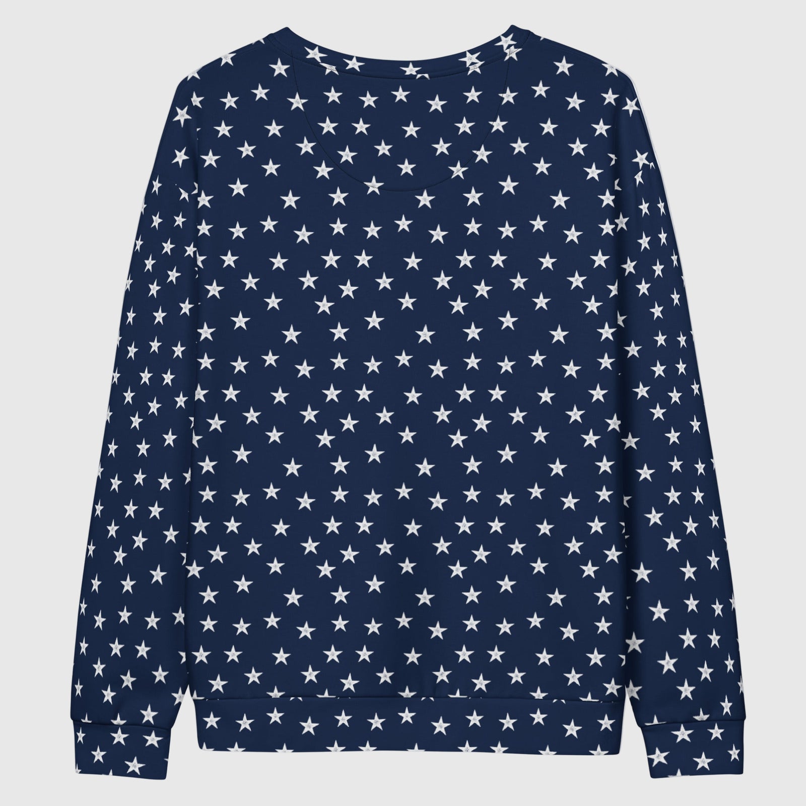 Navy blue sweatshirt with white star pattern on a white background