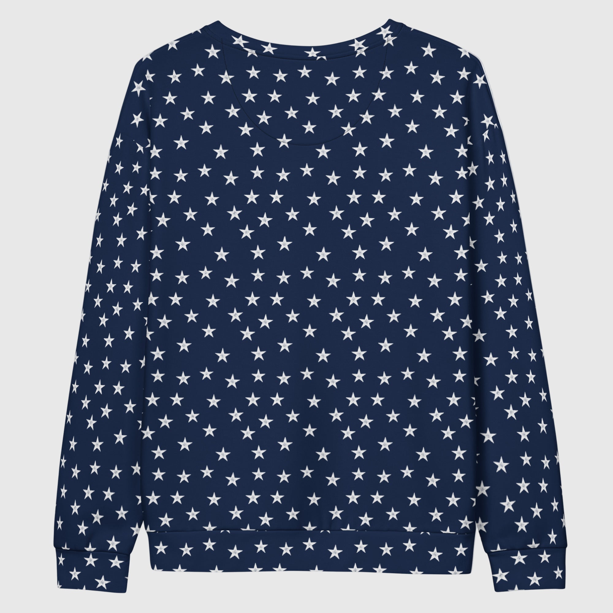 Navy blue sweatshirt with white star pattern on a white background